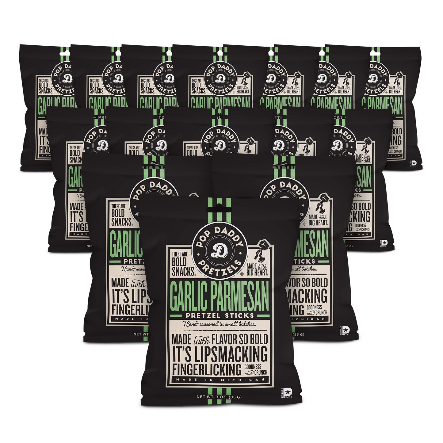Pop Daddy Flavored Pretzels Sticks, Garlic Parmesan, 3oz Healthy Gourmet Pretzels Snacks, 15 Pack