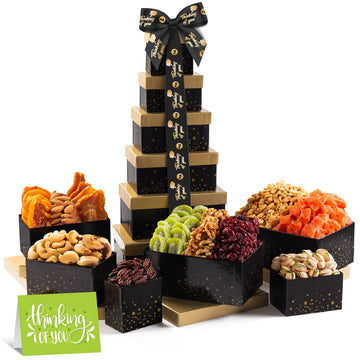 NUT CRAVINGS Gourmet Collection - Thinking of You, Nuts & Dried Fruits Tower Gift Basket, with TY Ribbon + Greeting Card (12 Ass
