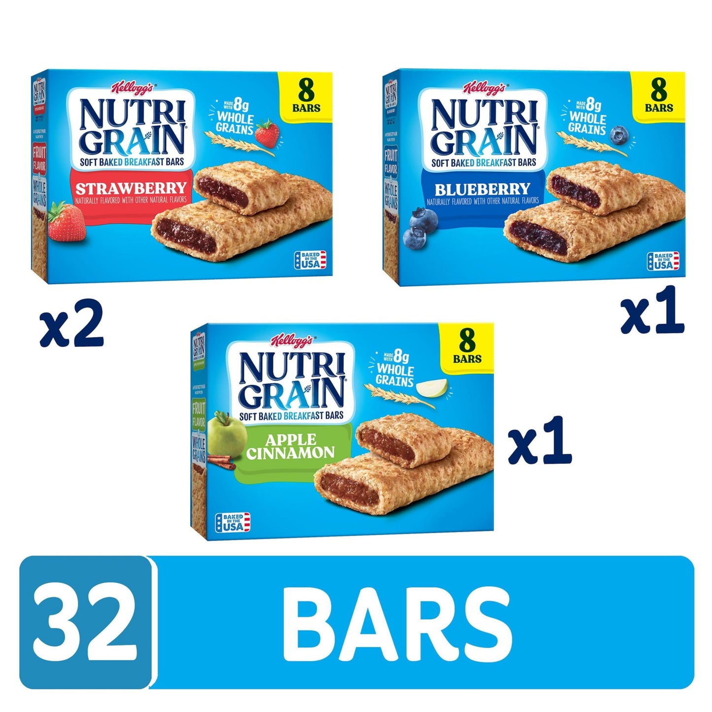 Nutri-Grain Soft Baked Breakfast Bars, Kids Snacks, Whole Grain, Variety Pack (4 Boxes, 32 Count)