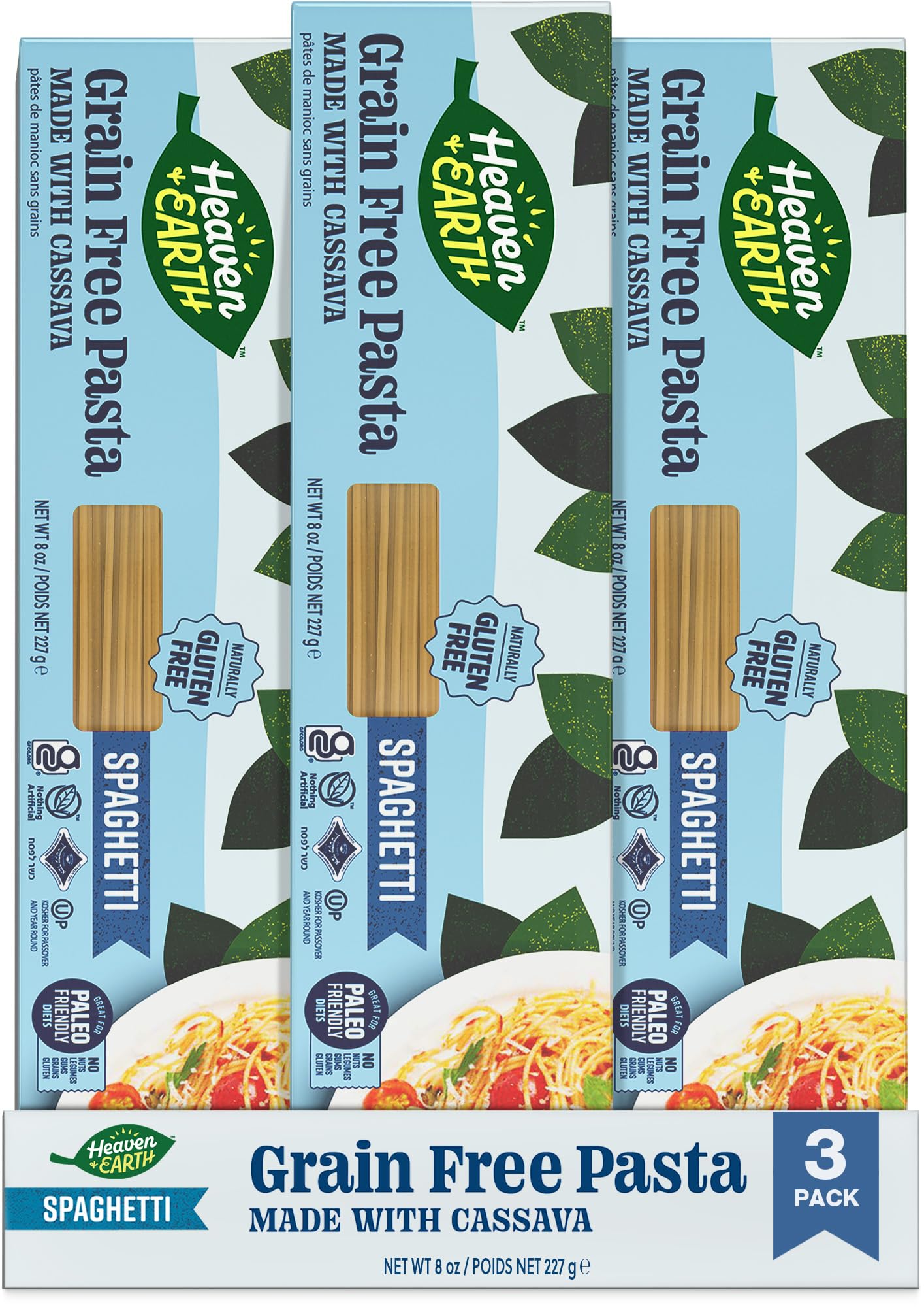 Heaven & Earth Grain Free Pasta, Cassava Spaghetti Pasta, 8oz (3 Pack) | Paleo Pasta | Vegan | Certified Gluten Free | Kosher fo