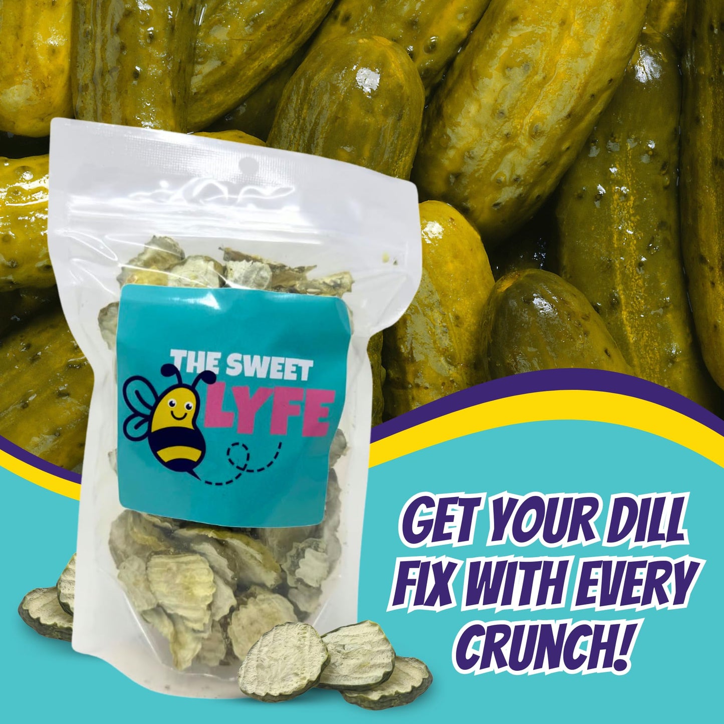 The Sweet Lyfe Freeze Dried Dill Pickle Chips. Includes One-1 Oz Bag Of The Sweet Lyfe Freeze Dried Pickles Chips Snacks. Crunch