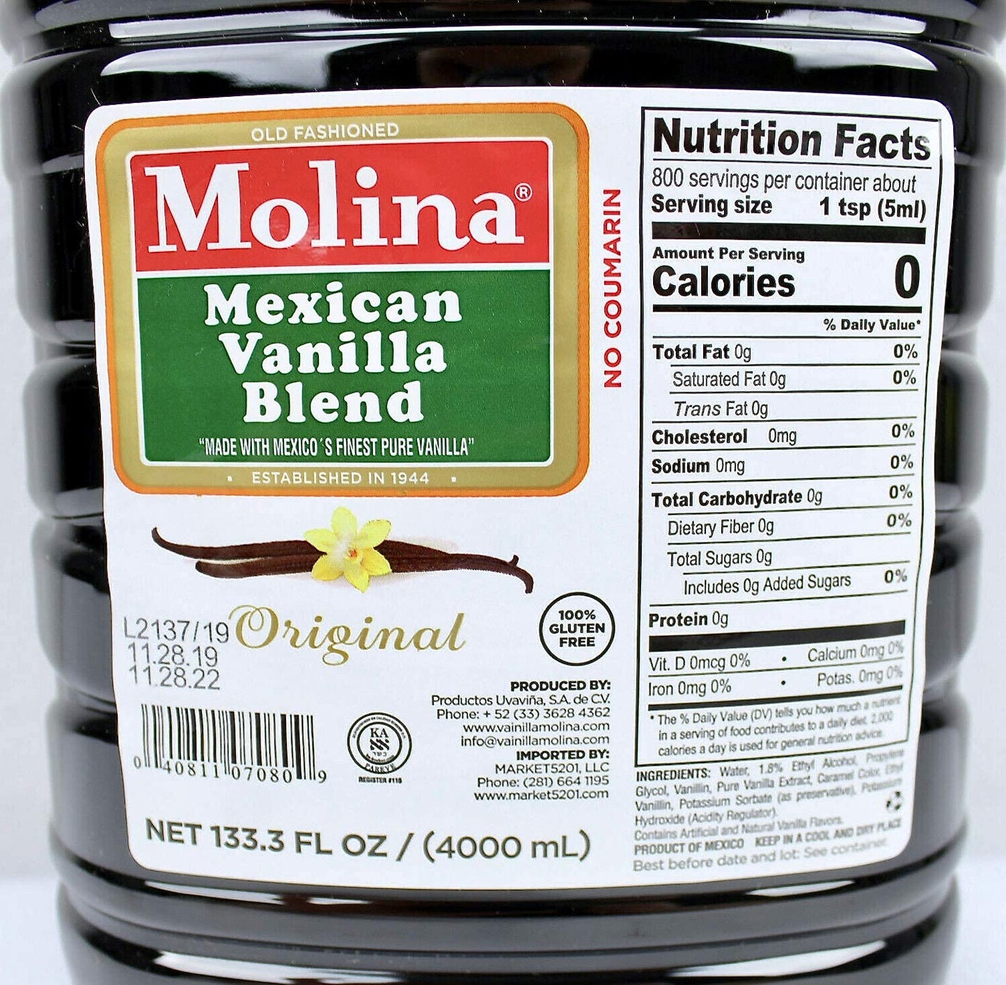 Molina Vanilla Mexican Vanilla Extract, 133.3 Fl Oz (4000 ml) - Premium Quality for Baking and Cooking, by Guong