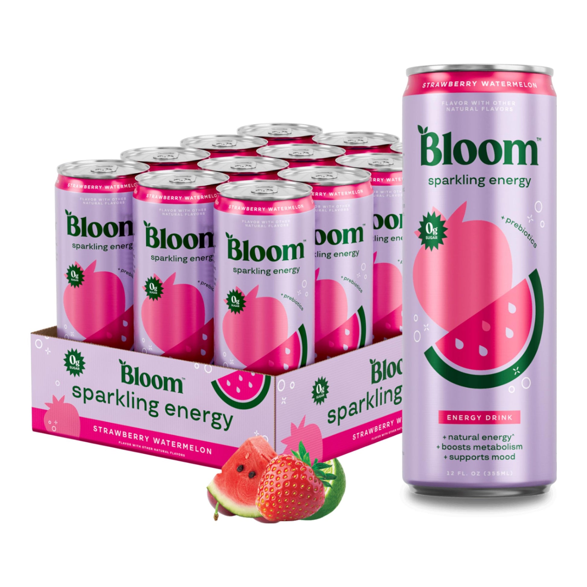 Bloom Nutrition Sparkling Energy Drink - Natural Caffeine, Zero Sugar, Strawberry Watermelon - 12oz, 12 Pack