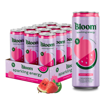 Bloom Nutrition Sparkling Energy Drink - Natural Caffeine, Zero Sugar, Strawberry Watermelon - 12oz, 12 Pack