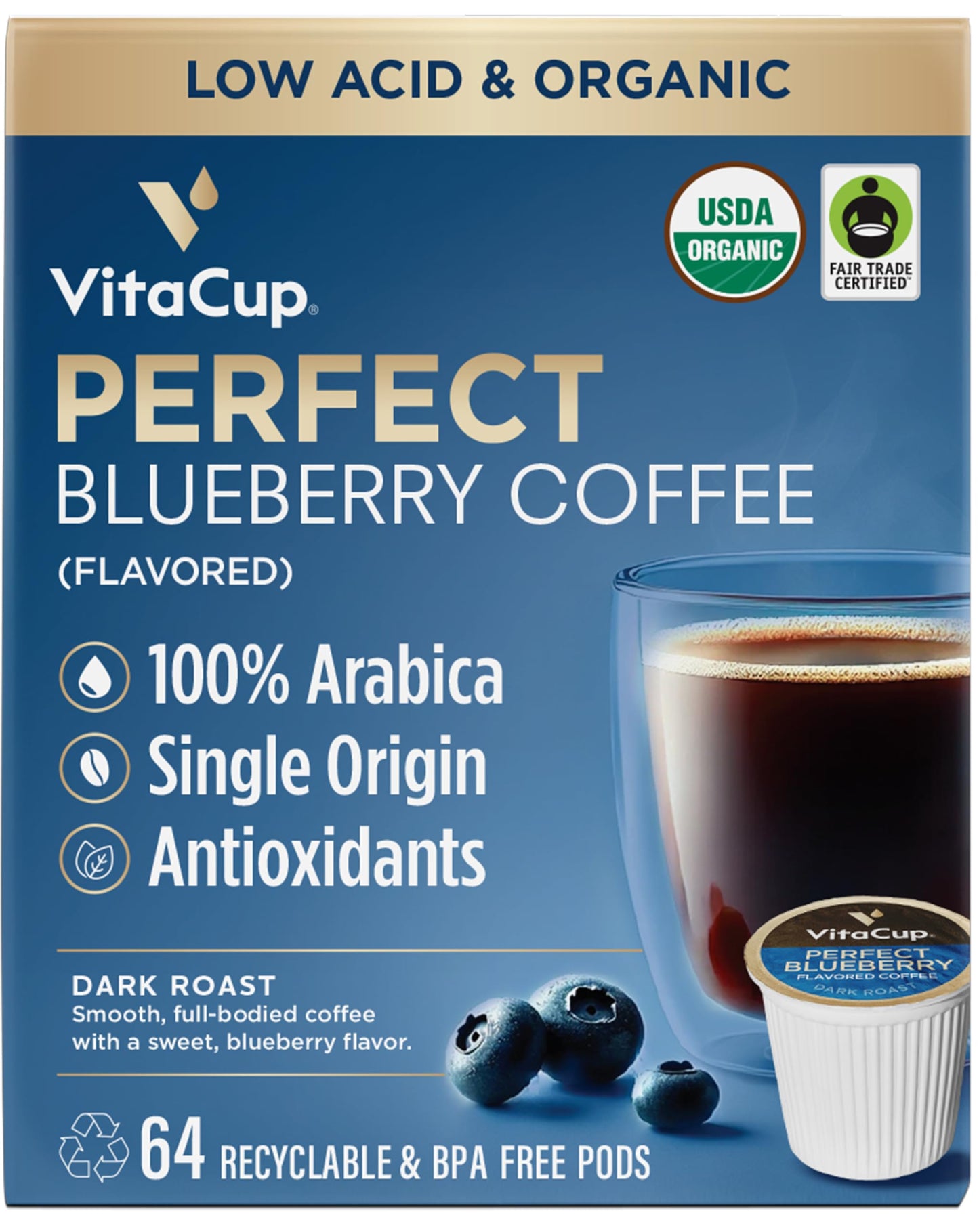 VitaCup Dark Roast Coffee Pods, Organic Fair Trade, Blueberry Flavor, 64 Count, Low Acid, Recyclable Single Serve