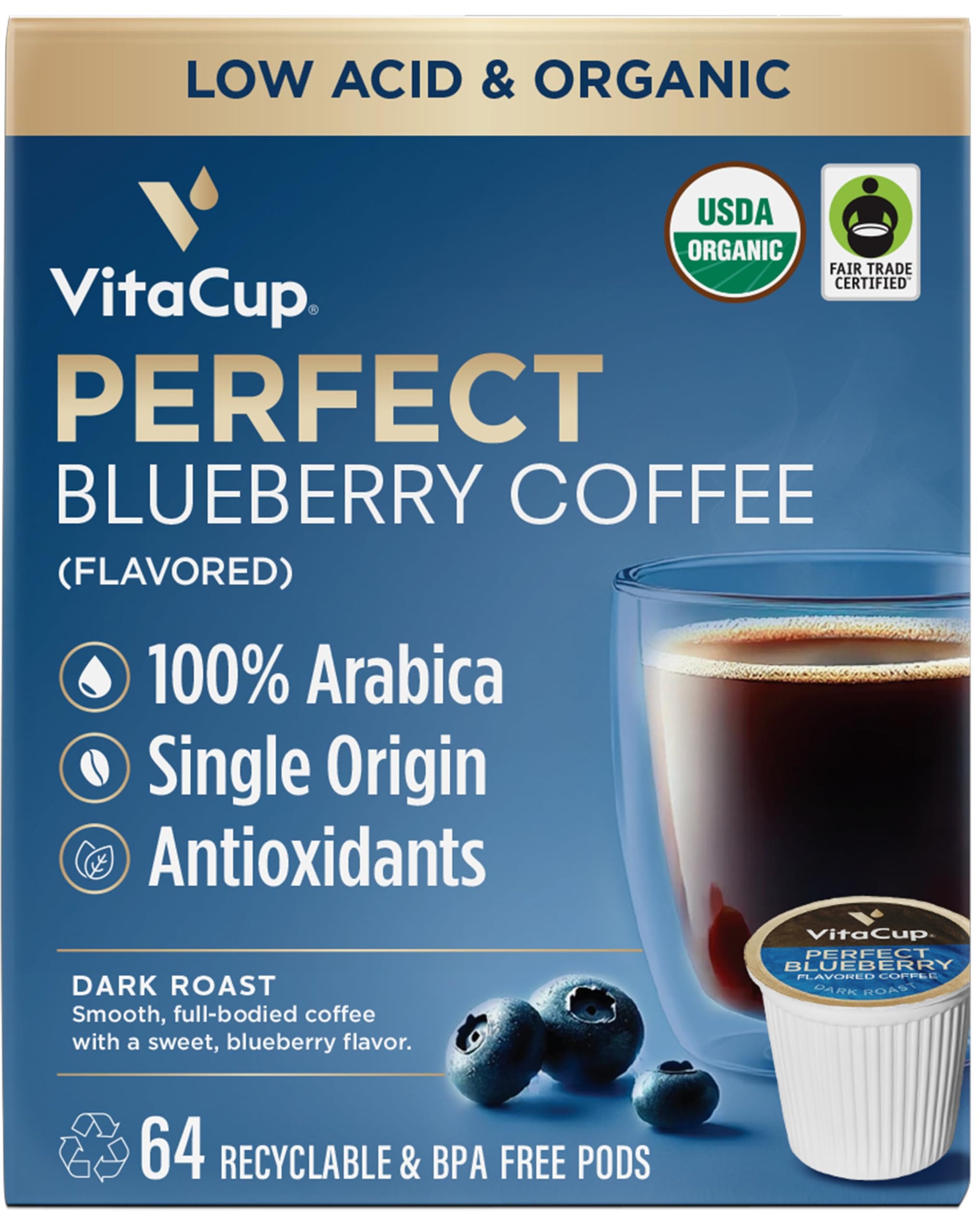 VitaCup Dark Roast Coffee Pods, Organic Fair Trade, Blueberry Flavor, 64 Count, Low Acid, Recyclable Single Serve