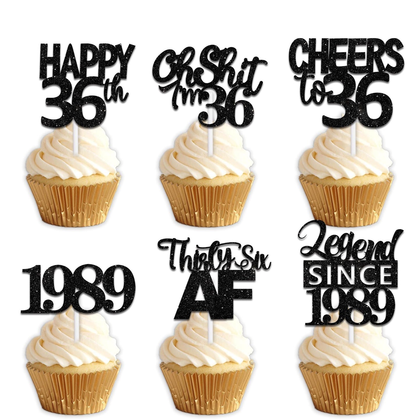 18pcs Black Glitter Happy 36th Dessert Cupcake Topper Pick for Funny Legend Since 1989 Theme Decor Supplies Men Women Happy 36 B