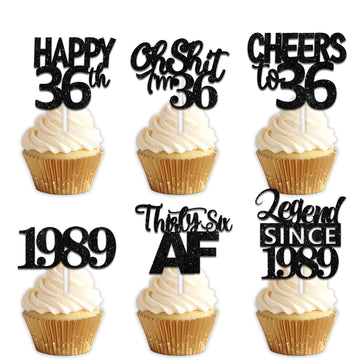 18pcs Black Glitter Happy 36th Dessert Cupcake Topper Pick for Funny Legend Since 1989 Theme Decor Supplies Men Women Happy 36 B