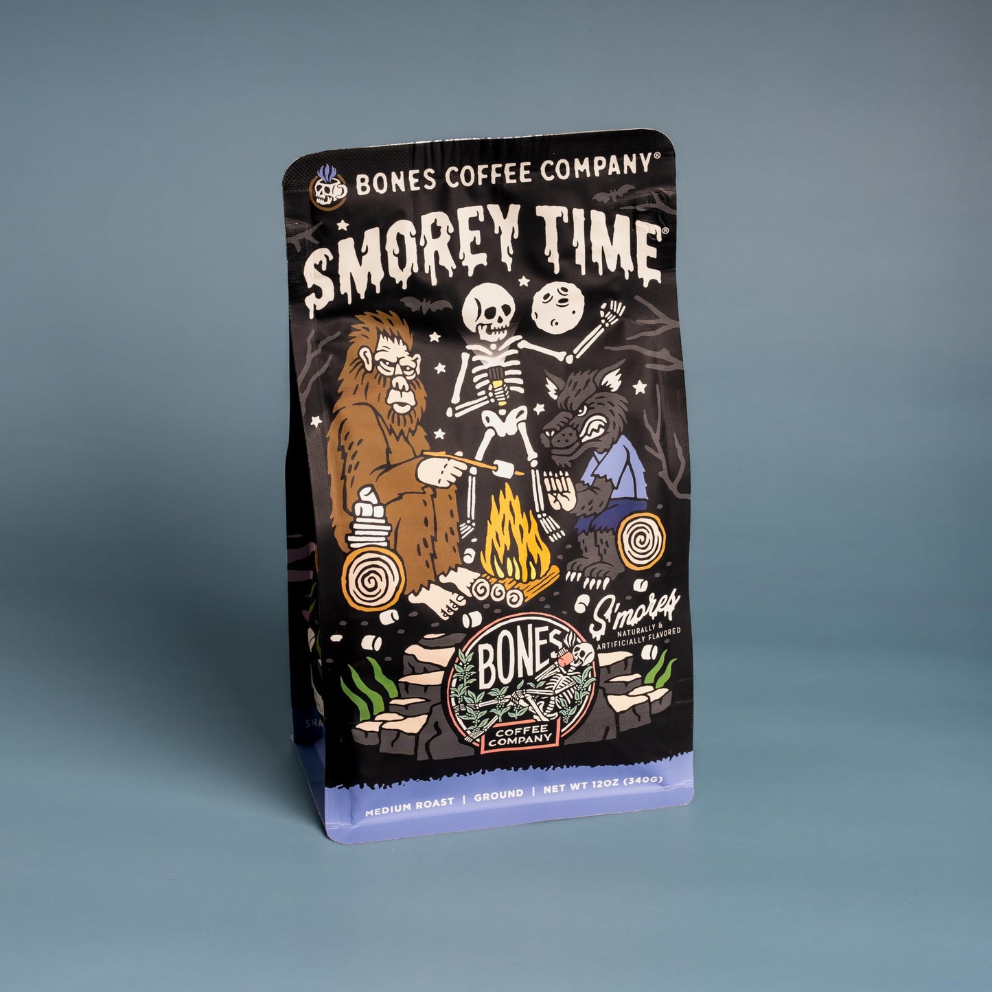 Bones Coffee Company S'Morey Time Ground Coffee Beans, S'Mores And Graham Crackers Flavor, Low Acid Flavored Coffee, Made With A