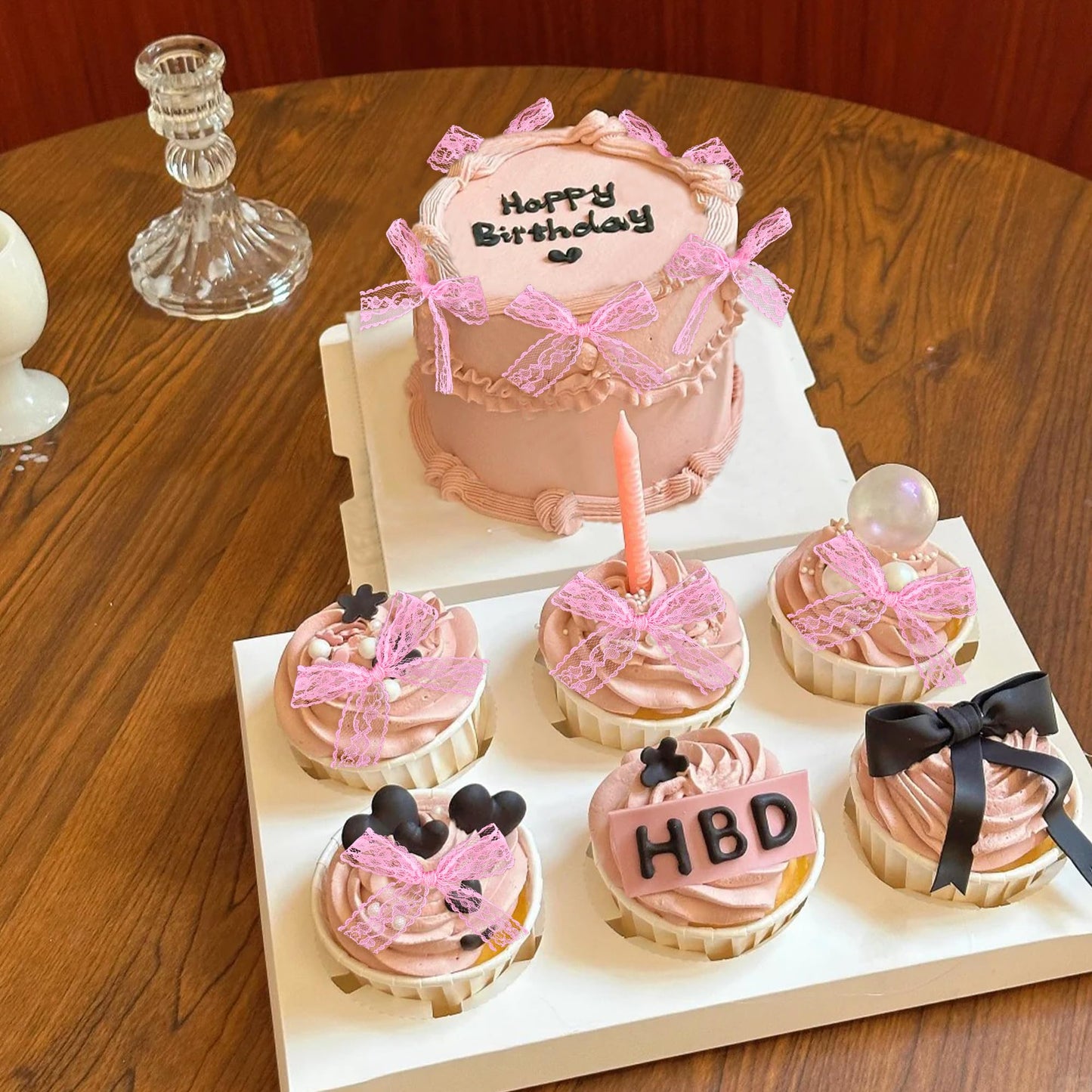 Cyodoos 24Pcs Pink Bow Cupcake Toppers Lace Bowknot Cupcake Toppers Cake Dessert Picks Decoration For Bridal Shower Bachelorette