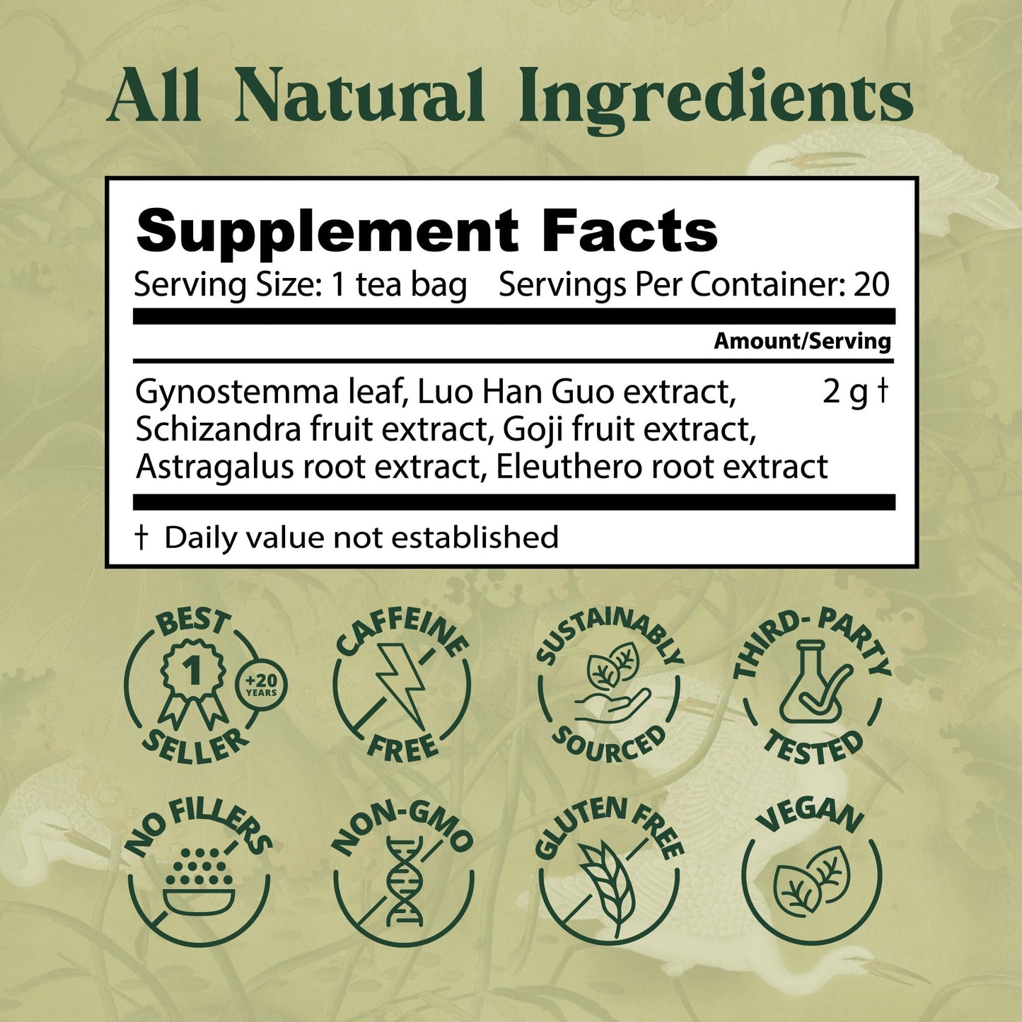 Dragon Herbs Spring Dragon Longevity Tea - Herbal Tea with Gynostemma, Schizandra, Goji Berry - Caffeine Free, 20 Bags, 60 Servings