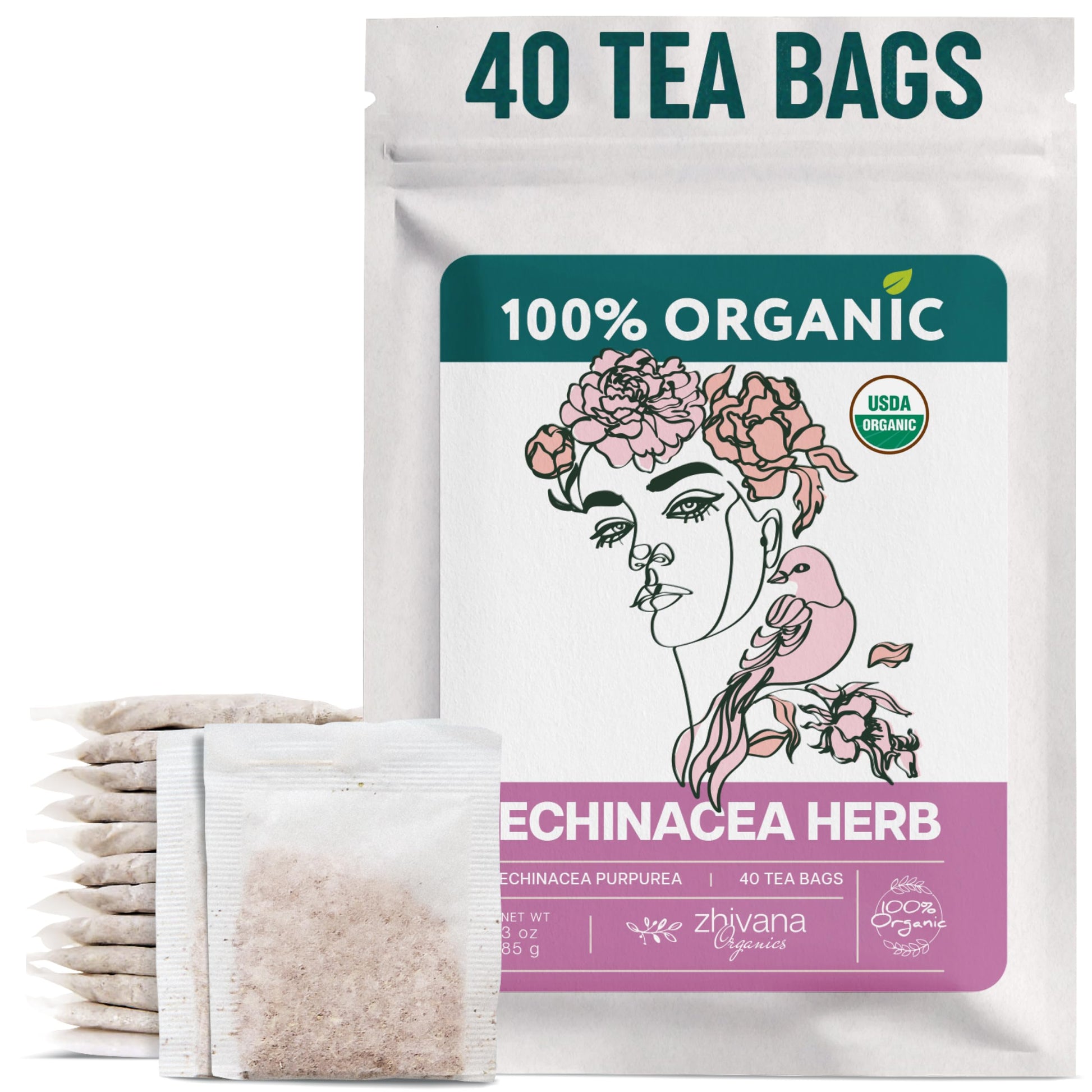 Zhivana Organics Echinacea Tea - Organic Herbal Infusion, Caffeine-Free, 40 Tea Bags
