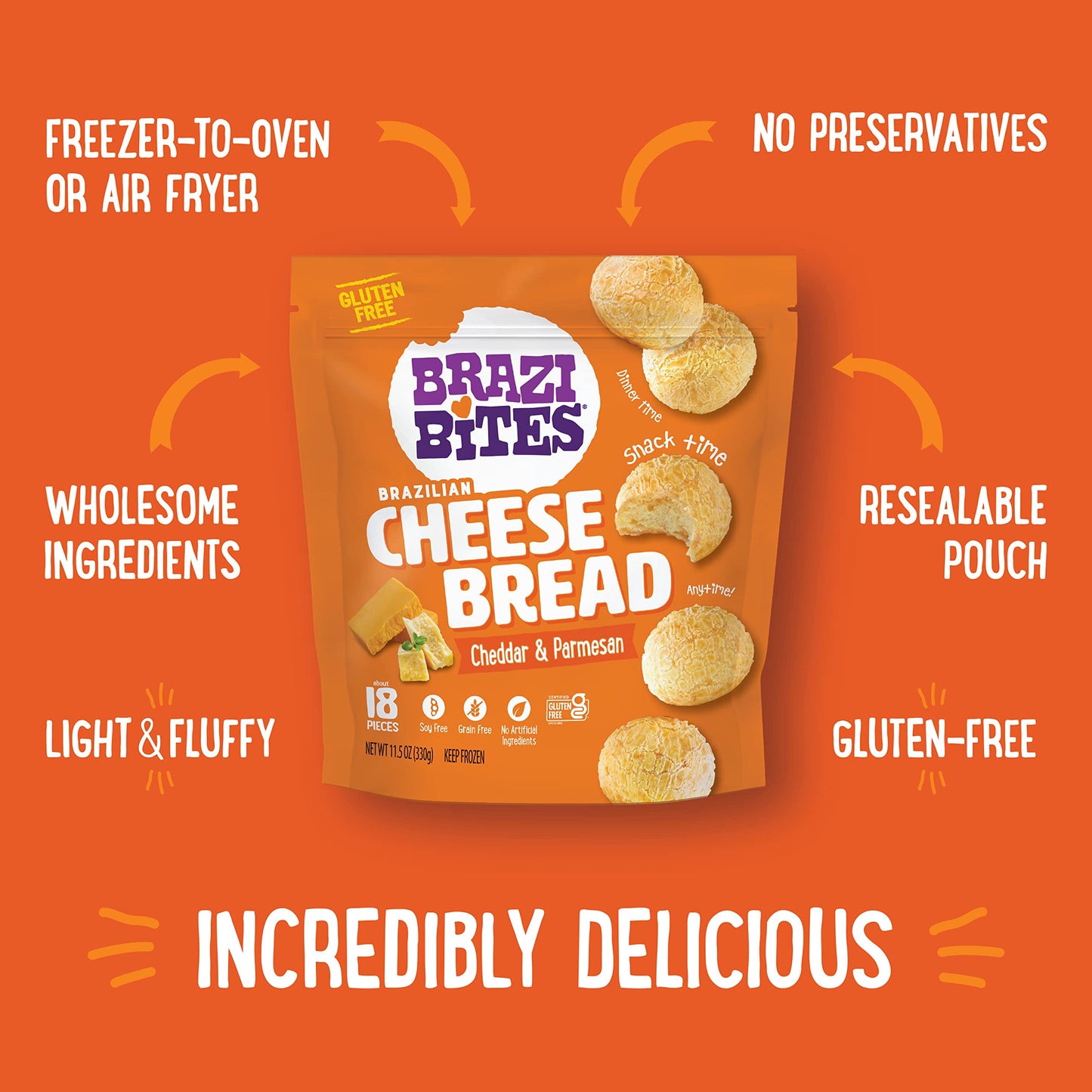 Brazi Bites Gluten-Free Brazilian Cheese Bread: Cheddar & Parmesan | Vegetarian Frozen Bread Snacks | Soy-Free | No Artificial I