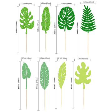 Gyufise 16Pcs Tropical Leaves Cake Toppers Glitter Palm Turtle Leaves Cake Toppers Green Leaf Forest Cupcake Plant Leaf Tropical