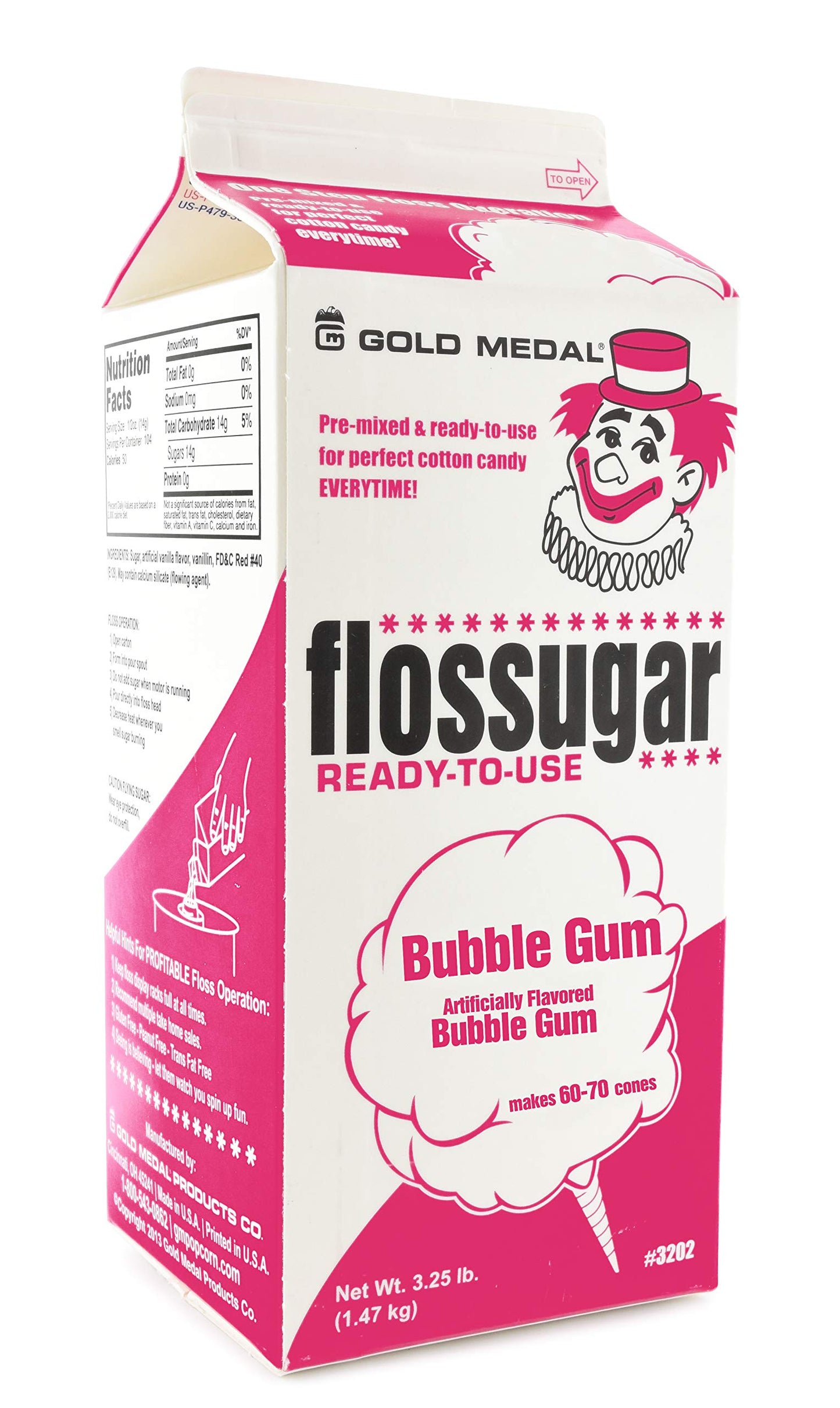 Gold Medal 3208 Bubble Gum Flossugar, 3.25 Lb Carton
