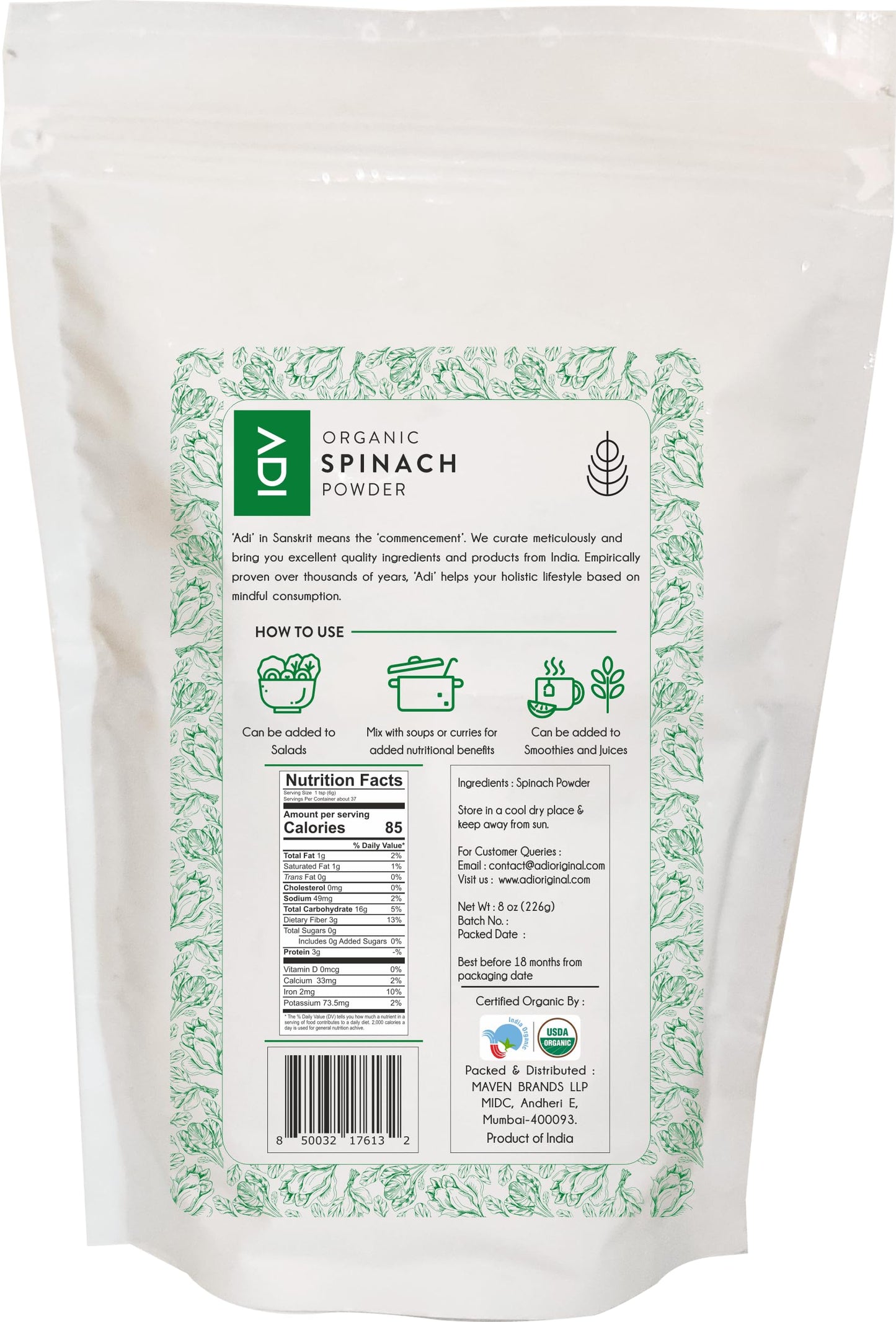 Adi Usda Certified Organic Spinach Powder 8Oz, Fresh Green Powder For Energy & Detox