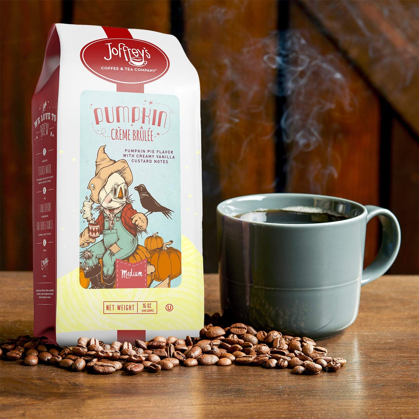 Joffreys Coffee Pumpkin Crème Brûlée Flavored Coffee, Medium Roast, Arabica Beans, 16 oz, Gluten-Free, No Sugar