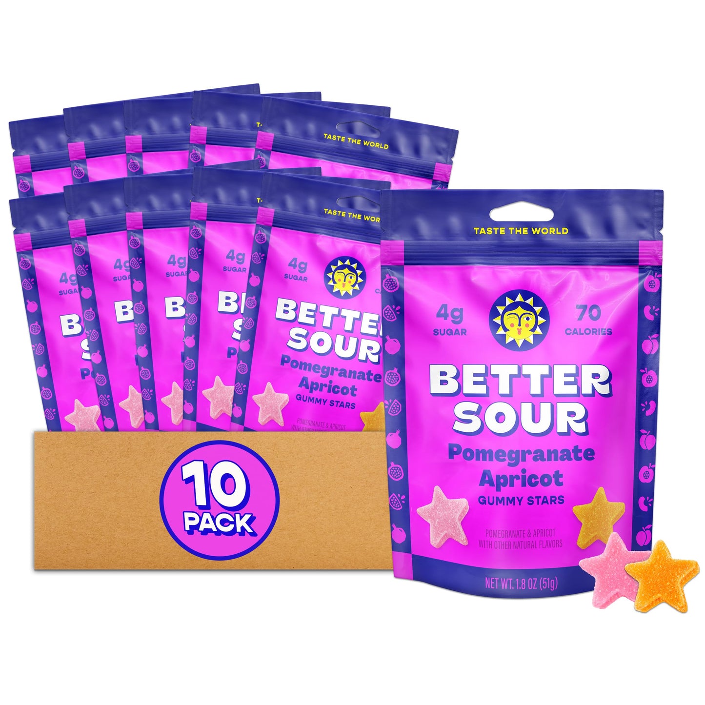 Better Sour Sour Gummy Candy Stars, Vegan & Gluten-Free, Pack of 10, Made with Real Fruit Juice