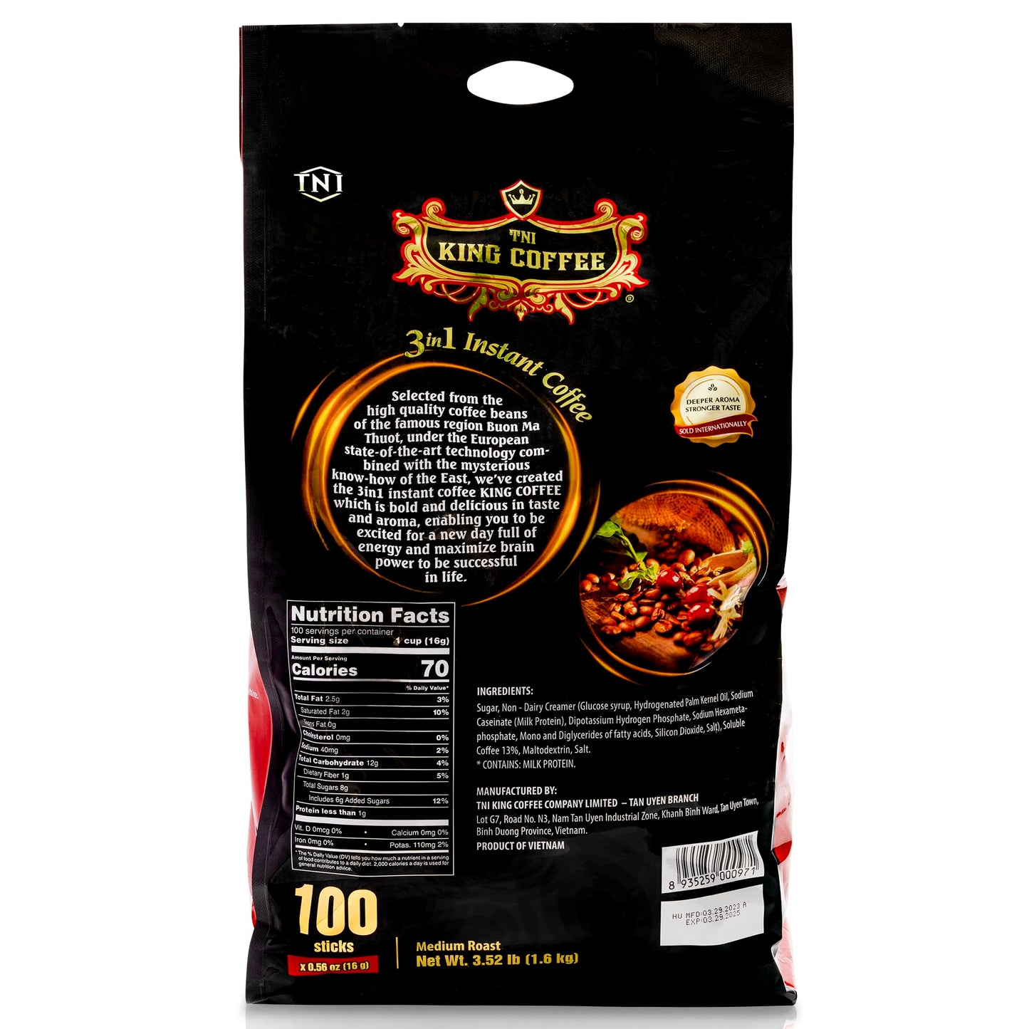 Tni King Coffee 3 In 1 Instant Vietnamese Coffee, 100 Single Serve Packets - Individual Pocket Size Sachet Sticks - Blended With
