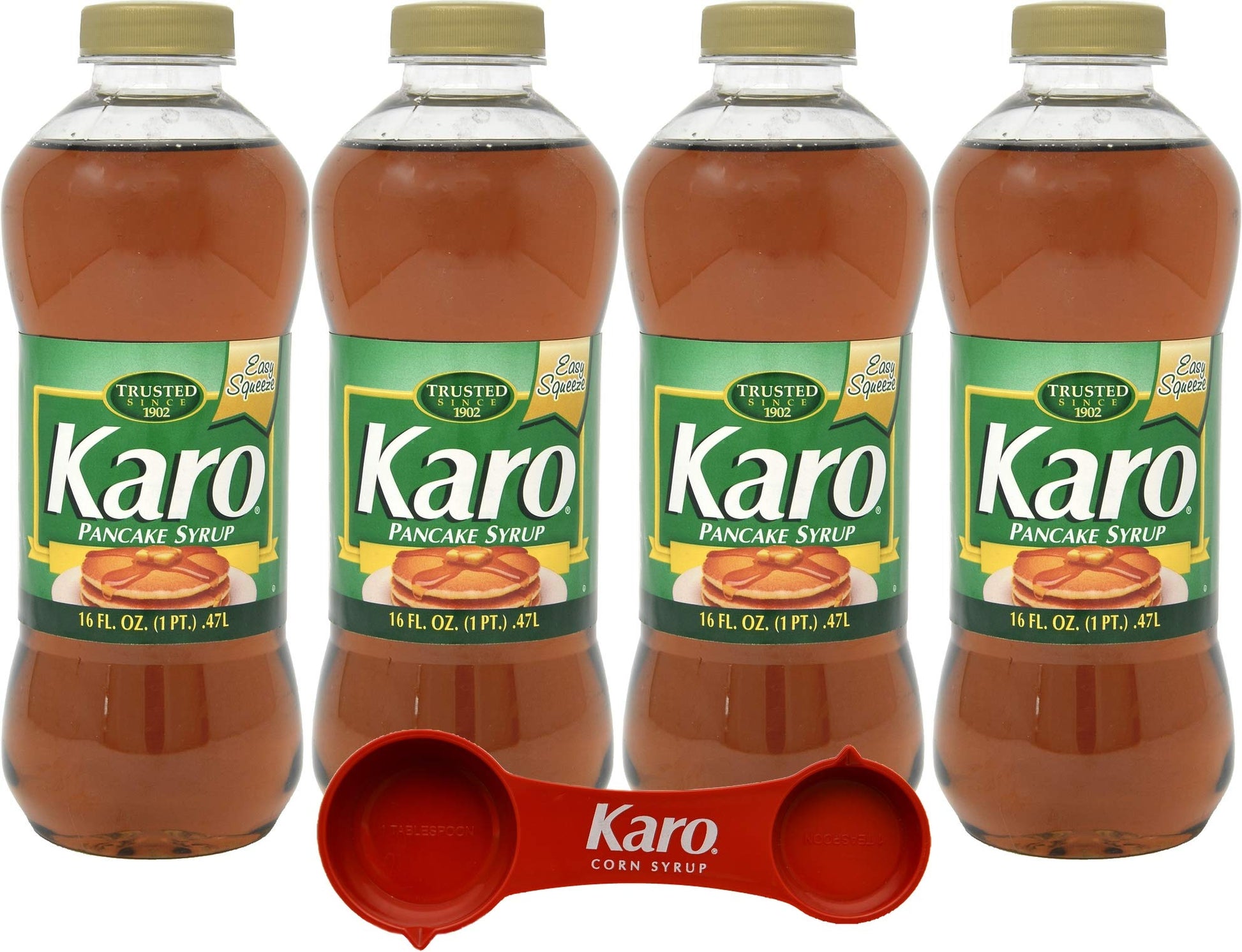 KARO Pancake Syrup, 16 fl oz (Pack of 4) with Measuring Spoon