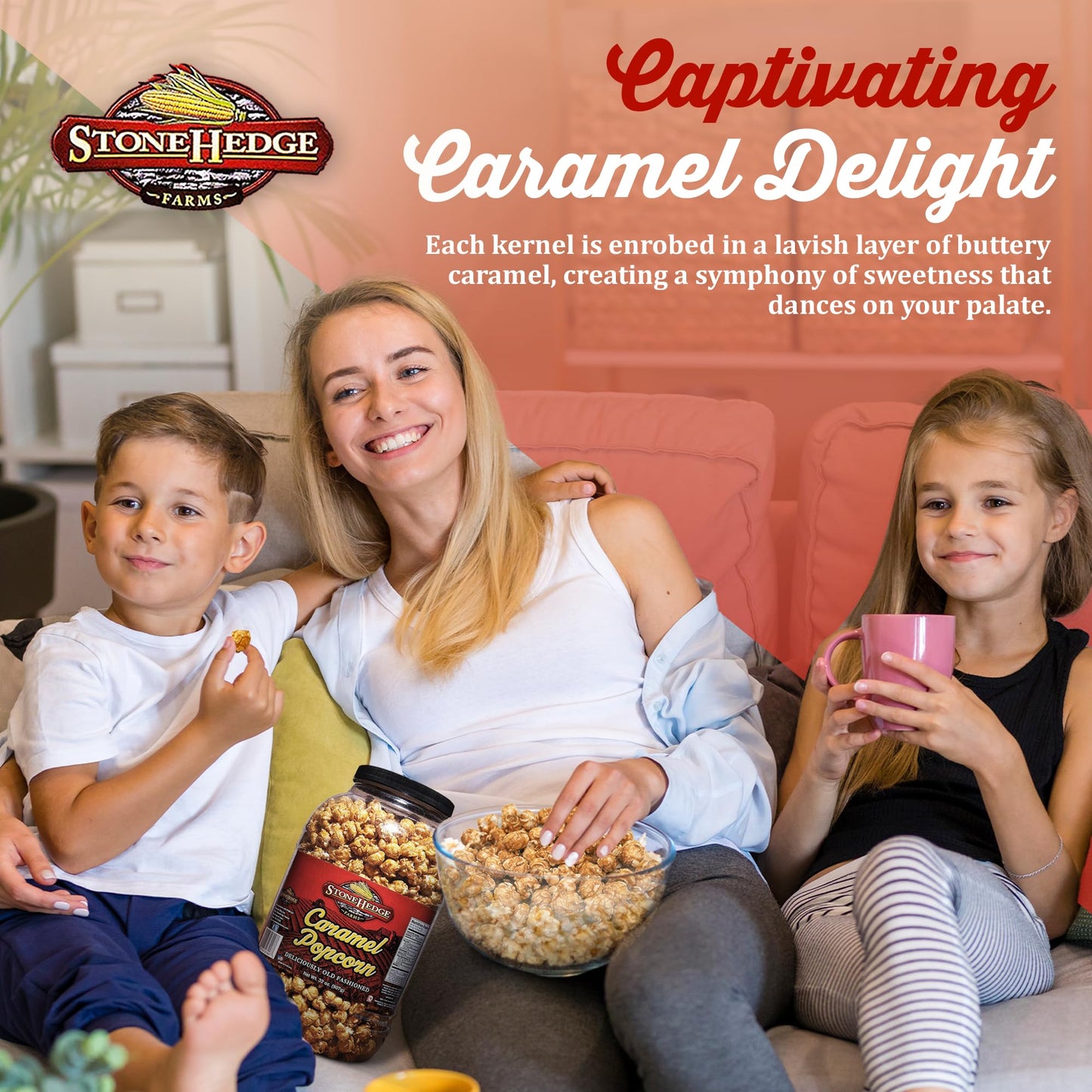 Stonehedge Farms Caramel Flavored Popcorn | 32 Oz (Pack Of 2) Reclosable Barrels | Bulk Gourmet Popped Carmel | Made In The Usa