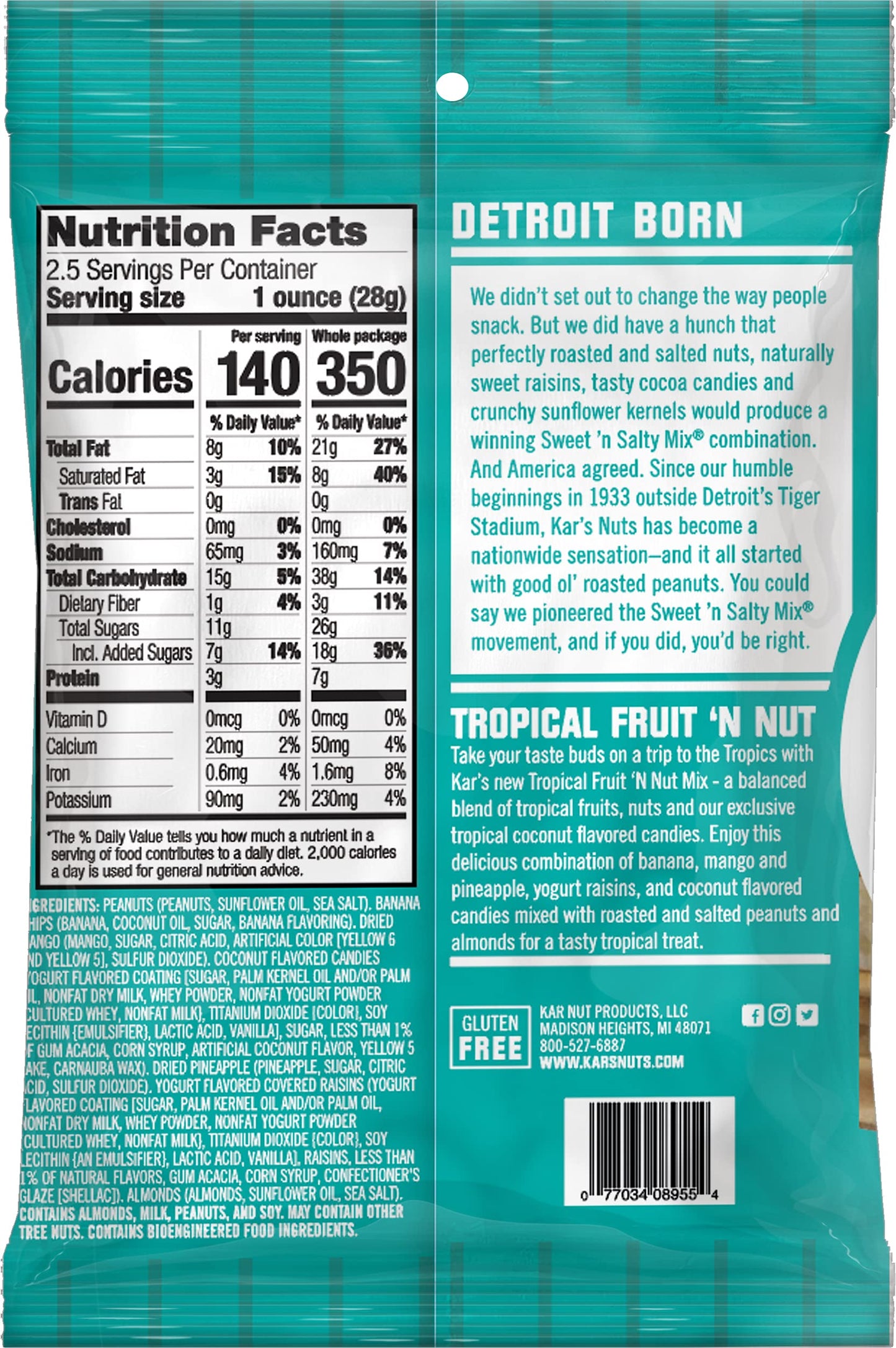 Kars Nuts Tropical Fruit N Nut Trail Mix, 2.5 oz Grab & Go Bags, Individual Snack Packs (Pack of 42), Gluten-Free Trail Mix Snac