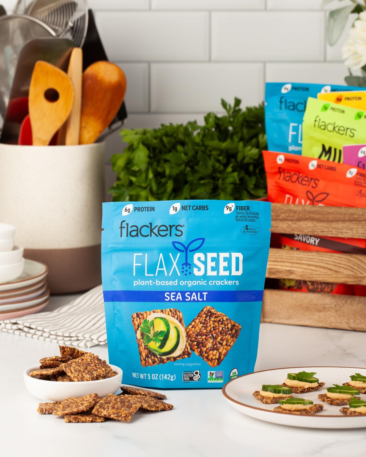 Flackers Organic Sea Salt Flaxseed Crackers, Gluten Free, Non GMO, Vegan, Keto Snack, 9g Fiber, 1g Net Carb, 5 Ounce 1-Pack