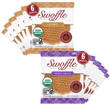 Gluten Free Organic Stroopwafels by Swoffle - Caramel Filled & French Vanilla | (12) Individually Wrapped Waffles, (6) of Each F