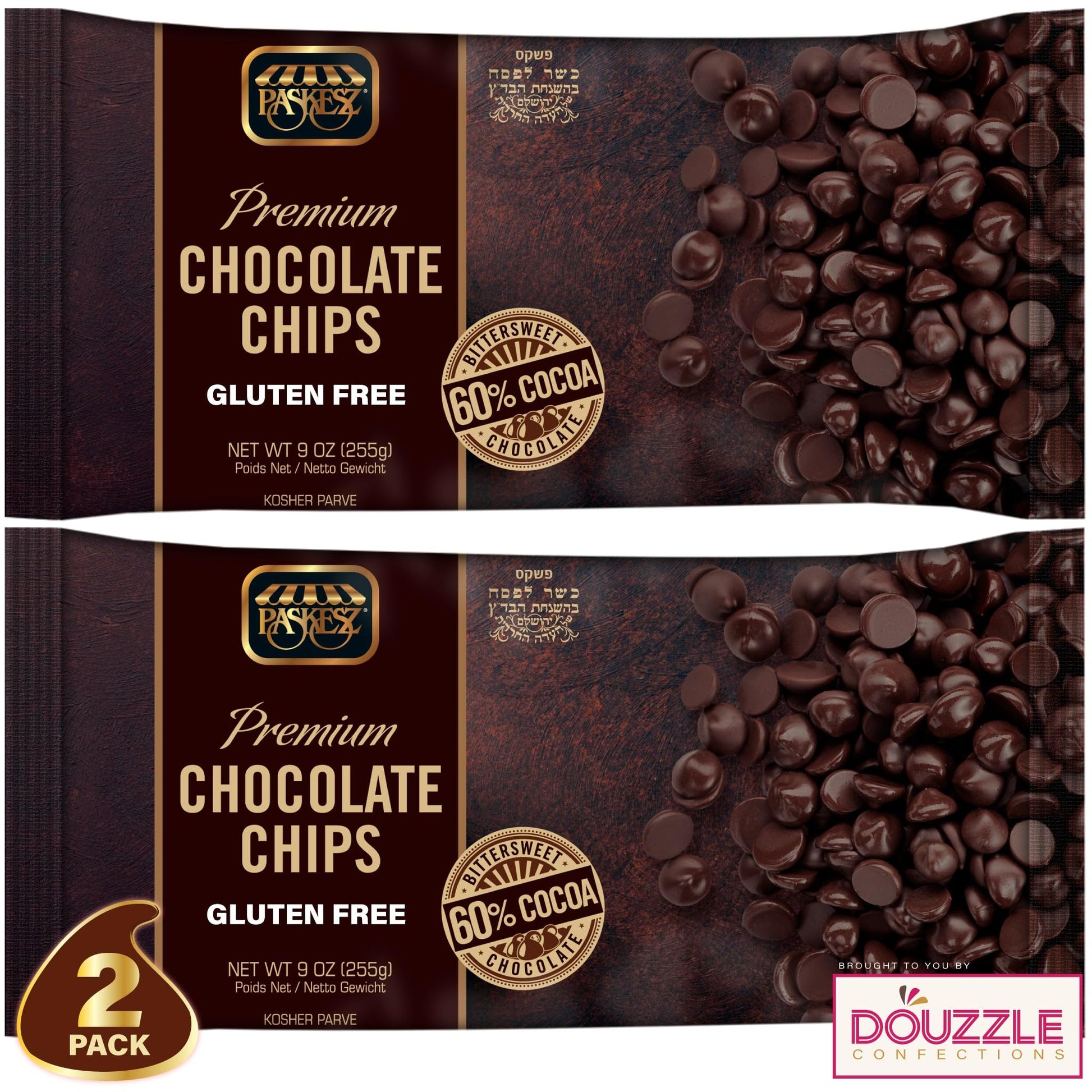 DOUzzle Gluten Free Dark Chocolate Chips for Baking - Premium 60% Cocoa Bittersweet (9 OZ - Pack of 2) Kosher for Passover Food 