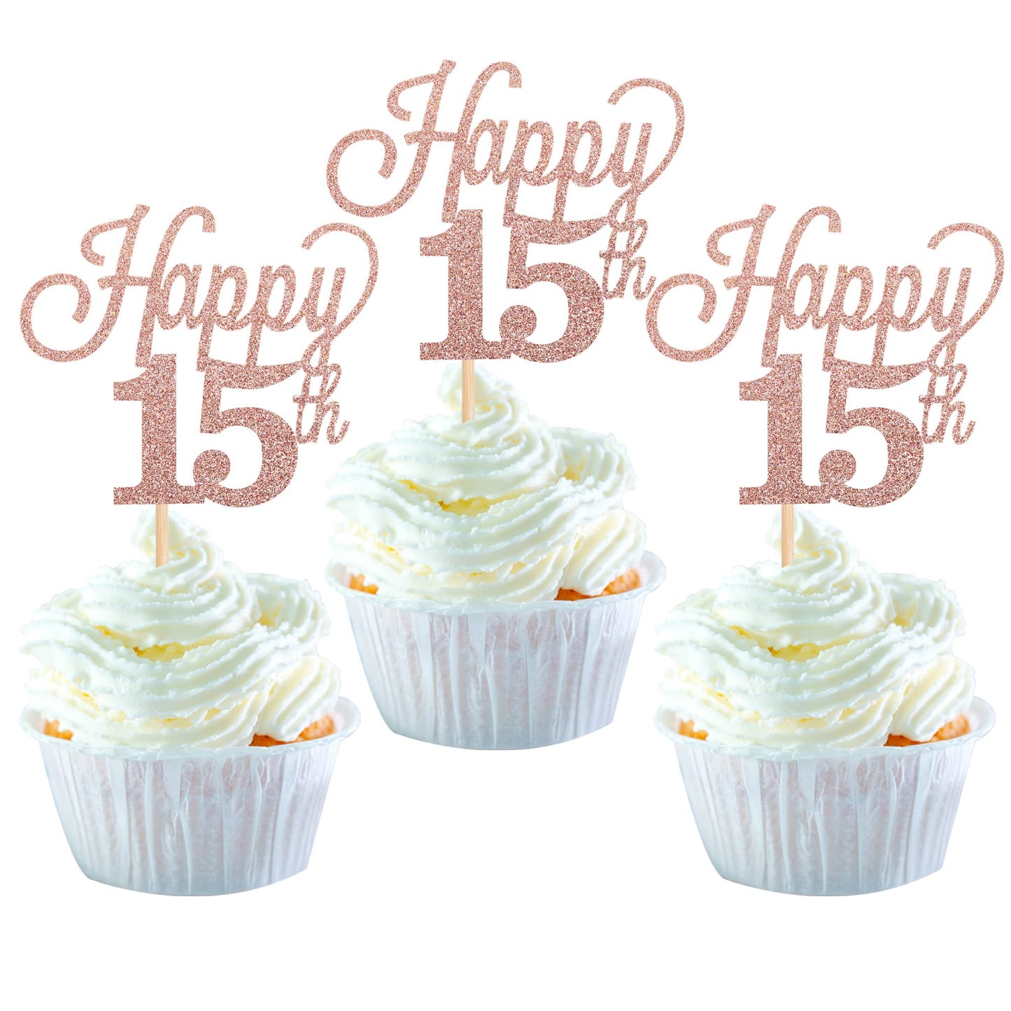 YCTHUNFISH 30 Pack Cupcake Toppers Glitter Number 15 Rose Gold Bamboo Decorations for 15th Birthday Party