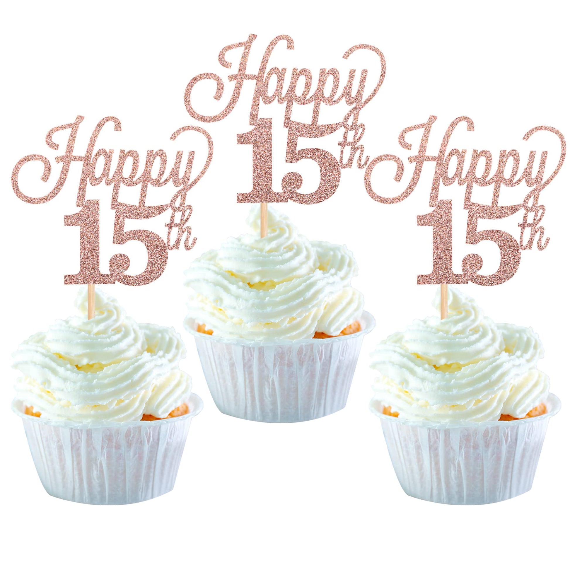 YCTHUNFISH 30 Pack Cupcake Toppers Glitter Number 15 Rose Gold Bamboo Decorations for 15th Birthday Party