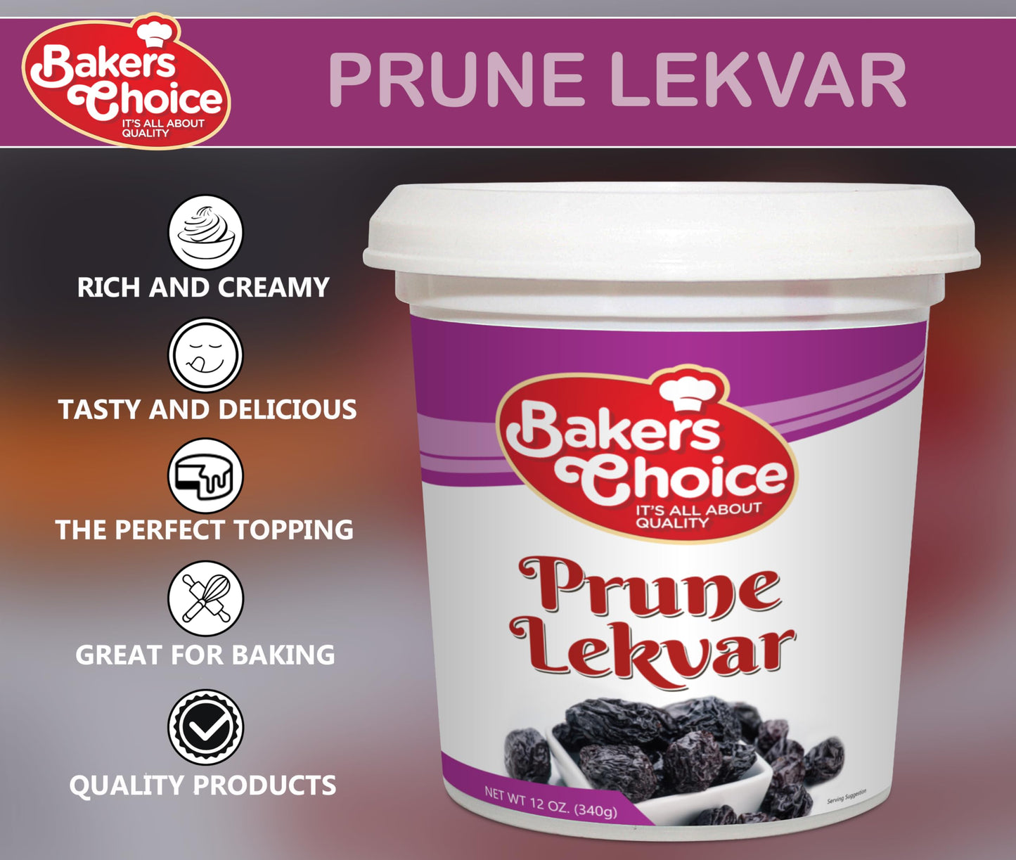 Bakers Choice Prune Butter Lekvar Pastry Filling - Dairy-Free, Vegan, 12 oz.