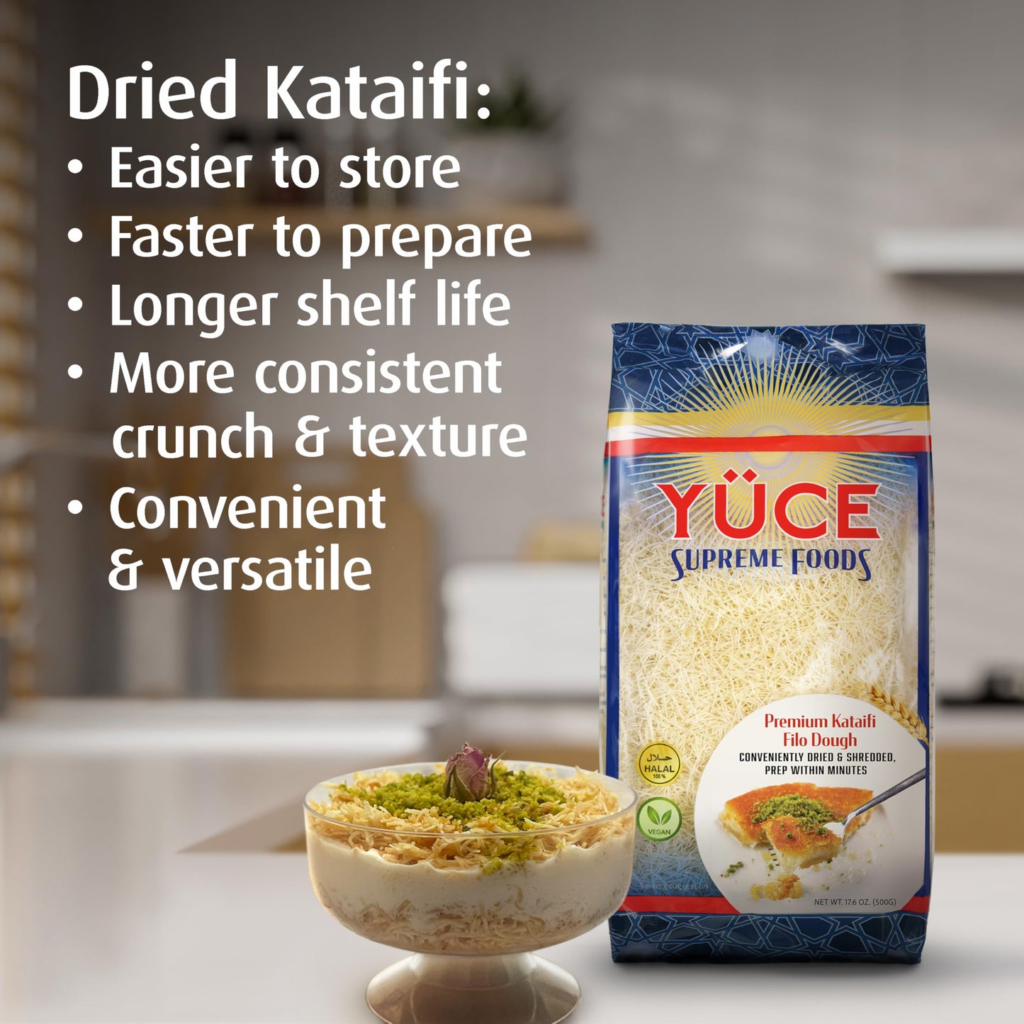 Y?CE Supreme Foods Kataifi Shredded Fillo Dough, 500g (17.6 oz) - Ideal for Dubai Chocolate Bar, Kunafa, Knafeh, Kadayif