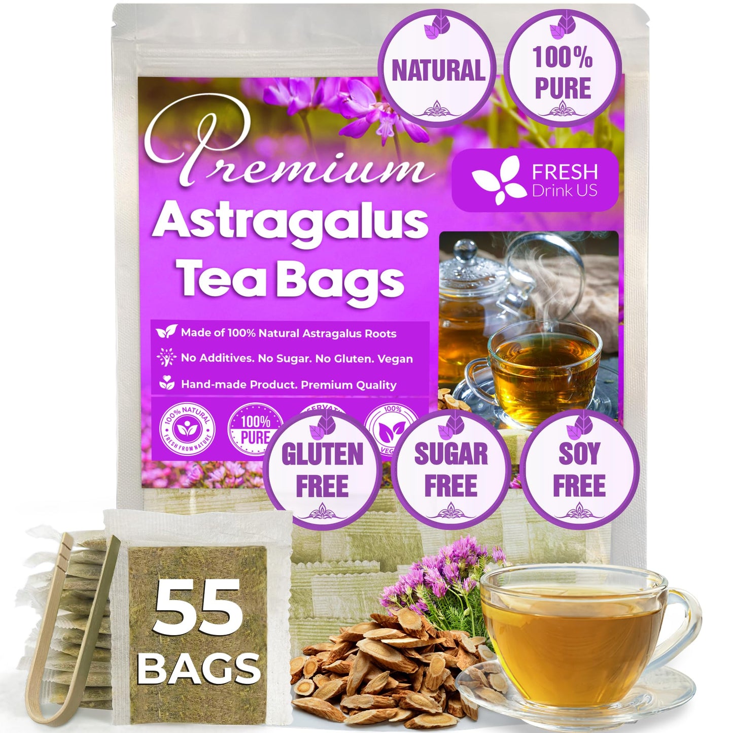 FRESHDRINKUS Astragalus Root Herbal Tea Bags, 100% Natural, Vegan, 55 Tea Bags