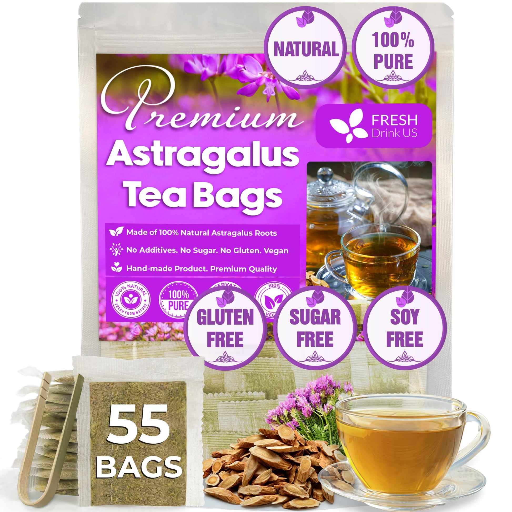 FRESHDRINKUS Astragalus Root Herbal Tea Bags, 100% Natural, Vegan, 55 Tea Bags