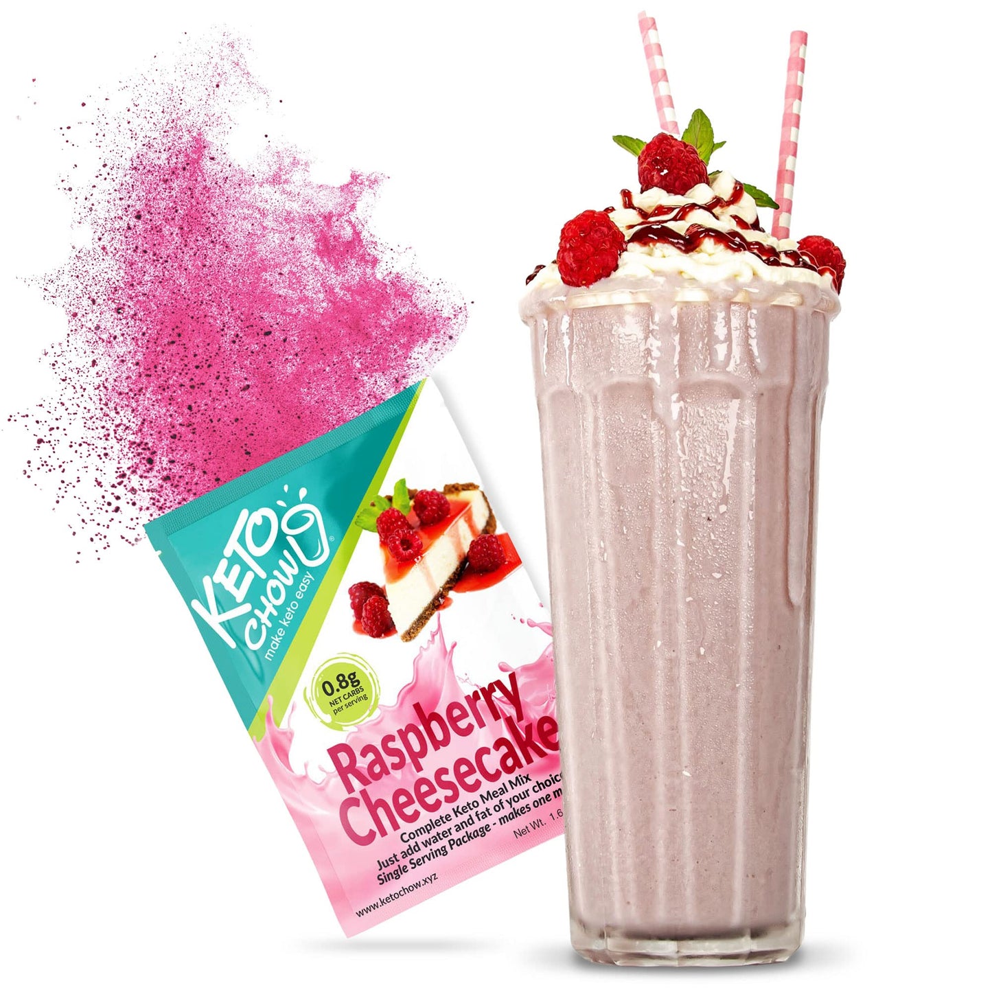 Keto Chow Raspberry Cheesecake Meal Replacement Shake Powder, 1.6 oz, Low Carb, Protein Rich, Easy Meal Substitute
