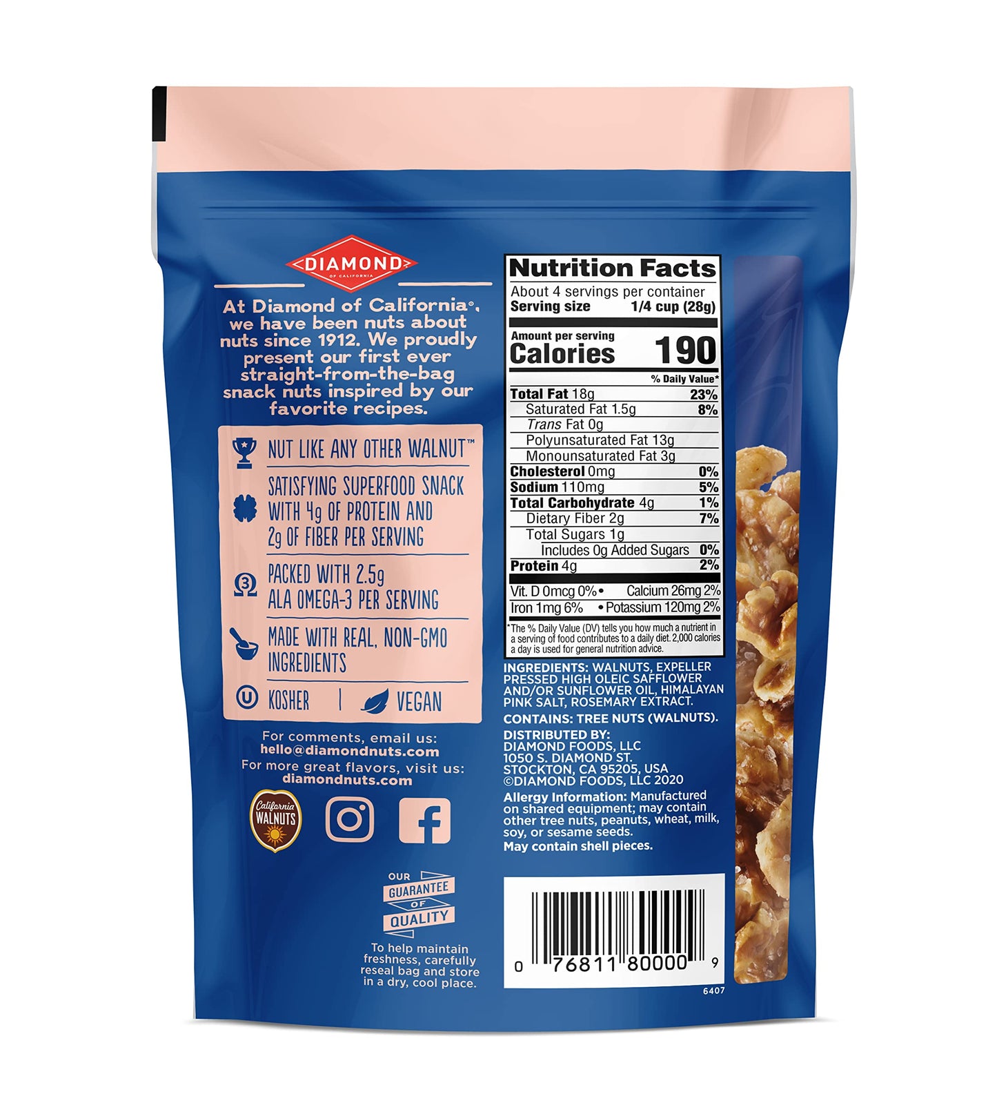 Diamond Of California Himalayan Pink Salt Walnut Snack Nuts, 4 Oz. (4 Pack)