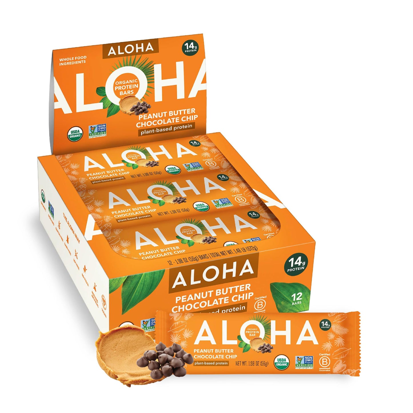 Aloha Organic Plant Based Protein Bars |Peanut Butter Chocolate Chip | 1.98 Oz (Pack Of 12) | Vegan, Low Sugar, Gluten Free, Pal