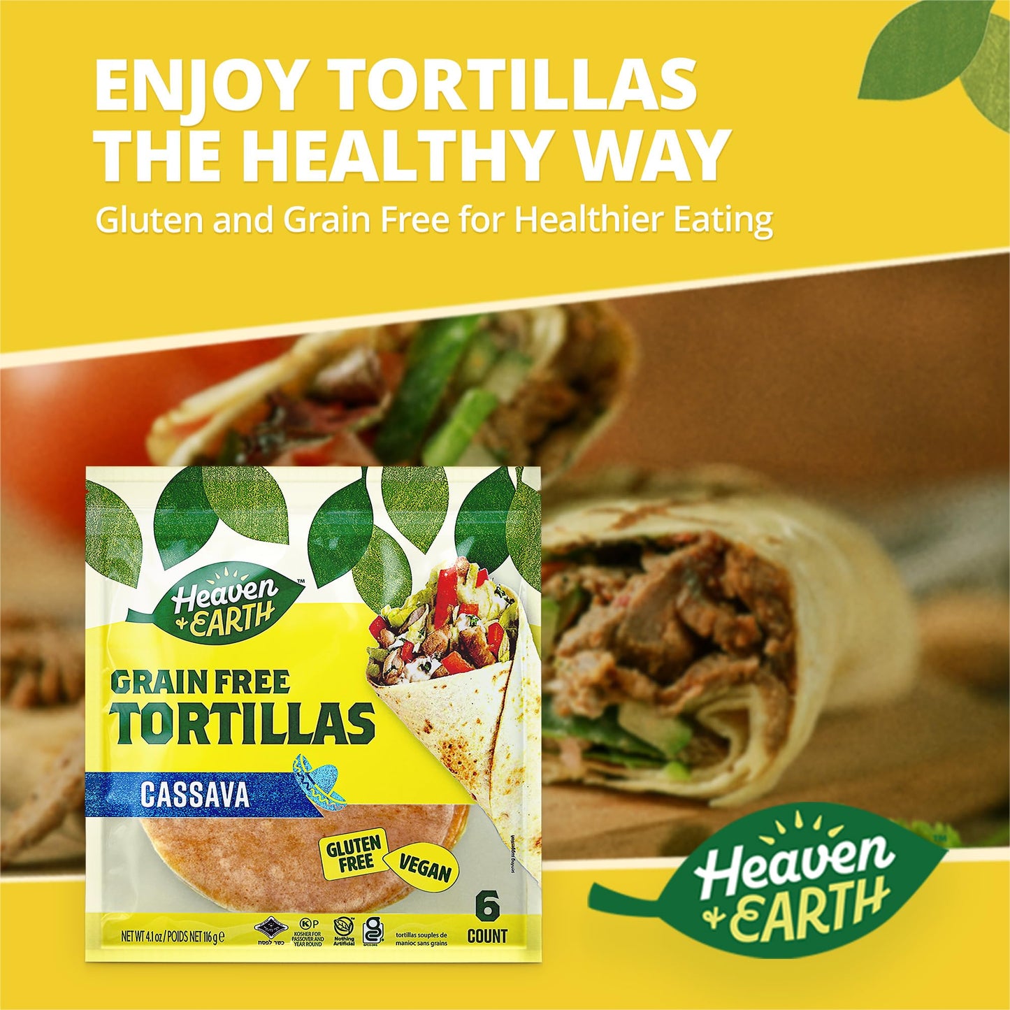 Heaven & Earth Cassava Tortillas, Gluten-Free & Grain-Free, 24 Tortillas, Paleo & Vegan Friendly, Kosher for Passover