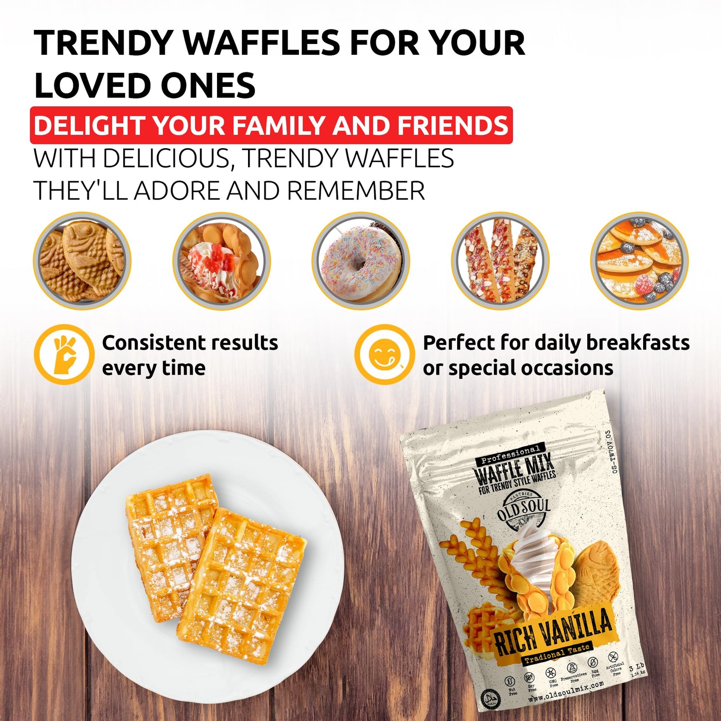 Oldsoul Trendy Waffle & Pancake Mix | Bubble Belgian Cone | Natural Ingredients | Easy Preparation | Reach Vanilla Flavor | 3 Lb