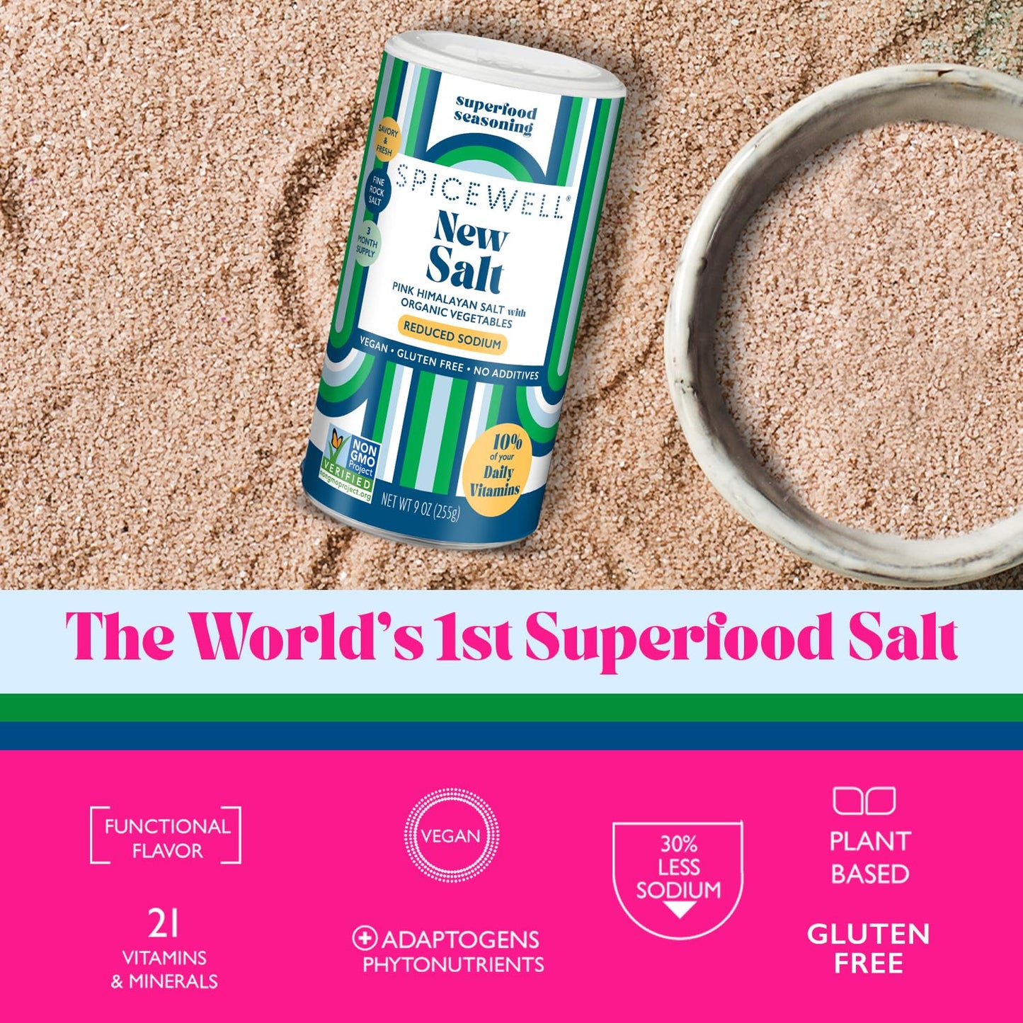 Spicewell New Salt | Himalayan Pink Salt Infused With 21 Plant-Based Vitamins & Minerals, 30% Lower Sodium Than Table Salt, Heal