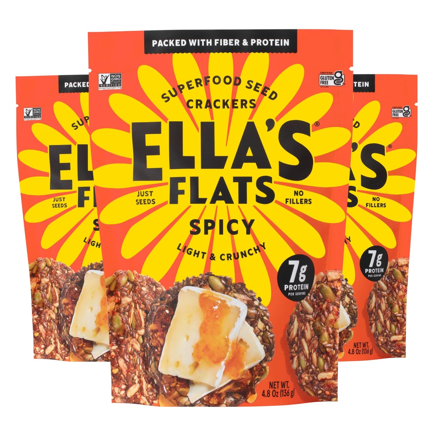 ELLAS FLATS® Spicy All Seed Savory Crisps - Gluten Free, Vegan, High Fiber - 3 Pack (4.80 Ounce)