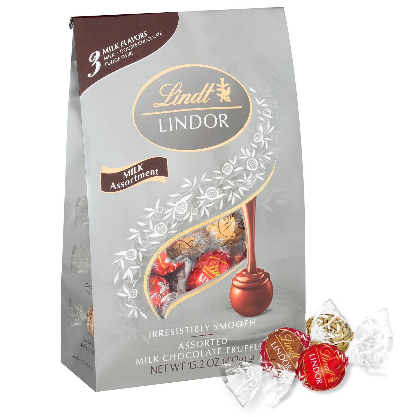 Lindt Lindor Milk Assorted Chocolate Candy Truffles, Chocolate Candy With Smooth, Melting Truffle Center, 15.2 Oz. Bag