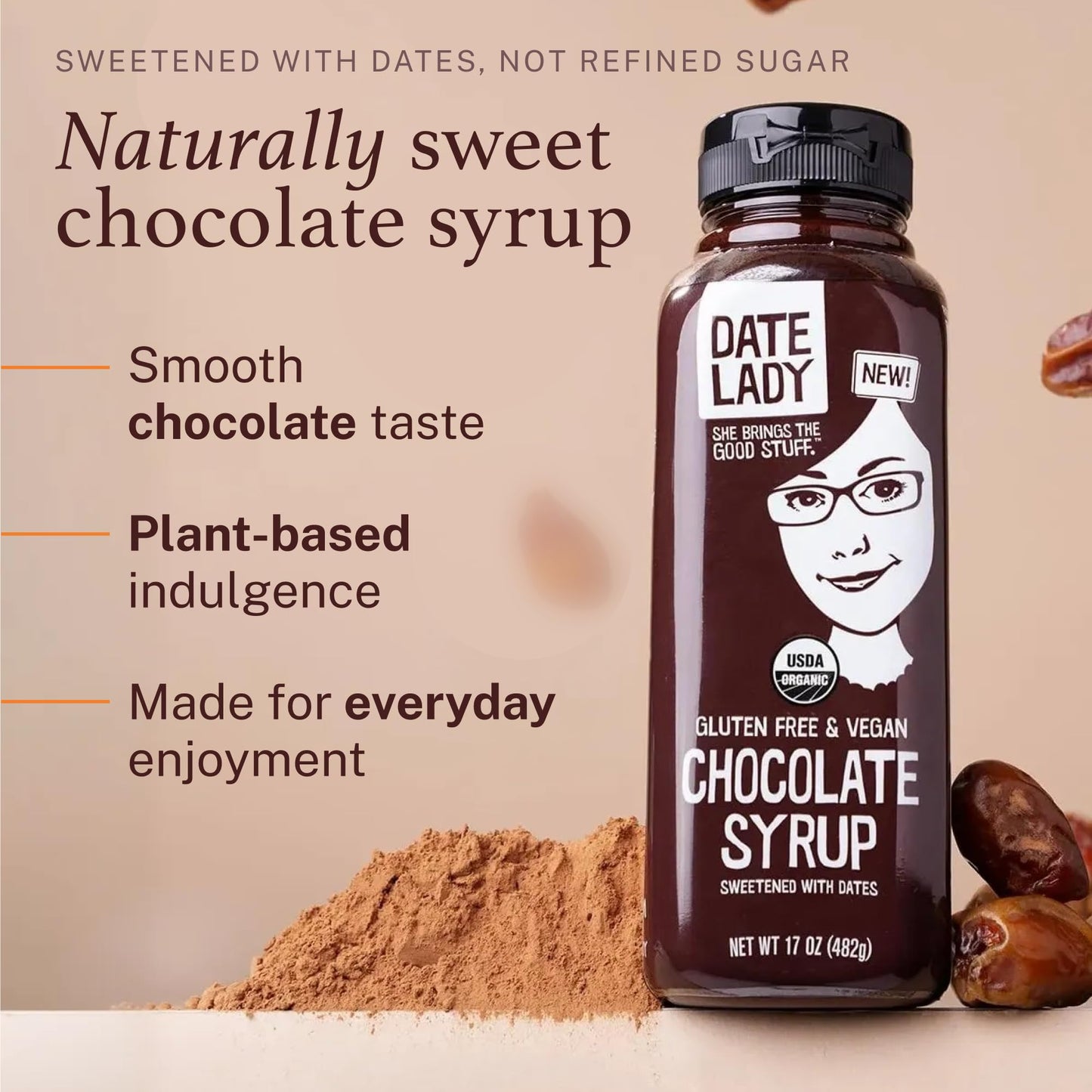 Date Lady Chocolate Syrup | Sweetened Only with Dates | Organic  Vegan  Kosher and Dairy Free | Drizzle on Ice Cream  Pour on Pancakes or Grab a Spoonful! | 1Squeeze Bottle (17oz)