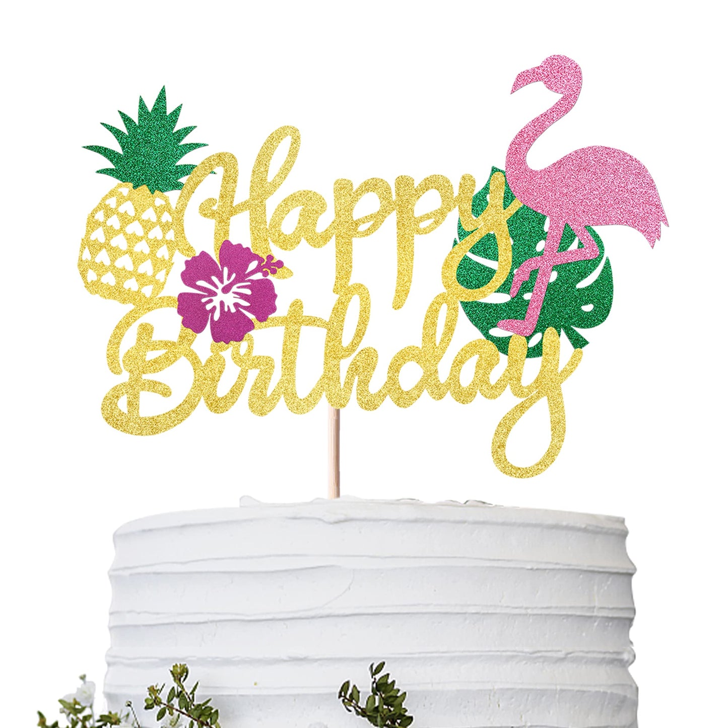 YCTHUNFISH Bamboo Happy Birthday Cake Topper - Flamingo & Palm Leaf Design for Tropical Parties