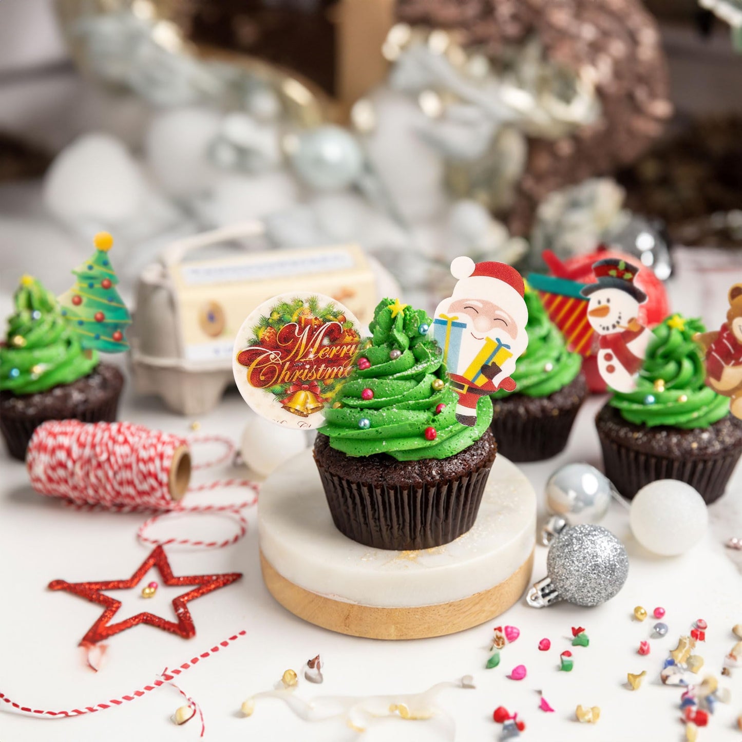 Gyufise 60Pcs Edible Christmas Cake Cupcake Decoration Edible Xmas Santa Claus Snowman Socks Cake Decorations Wafer Paper Holida