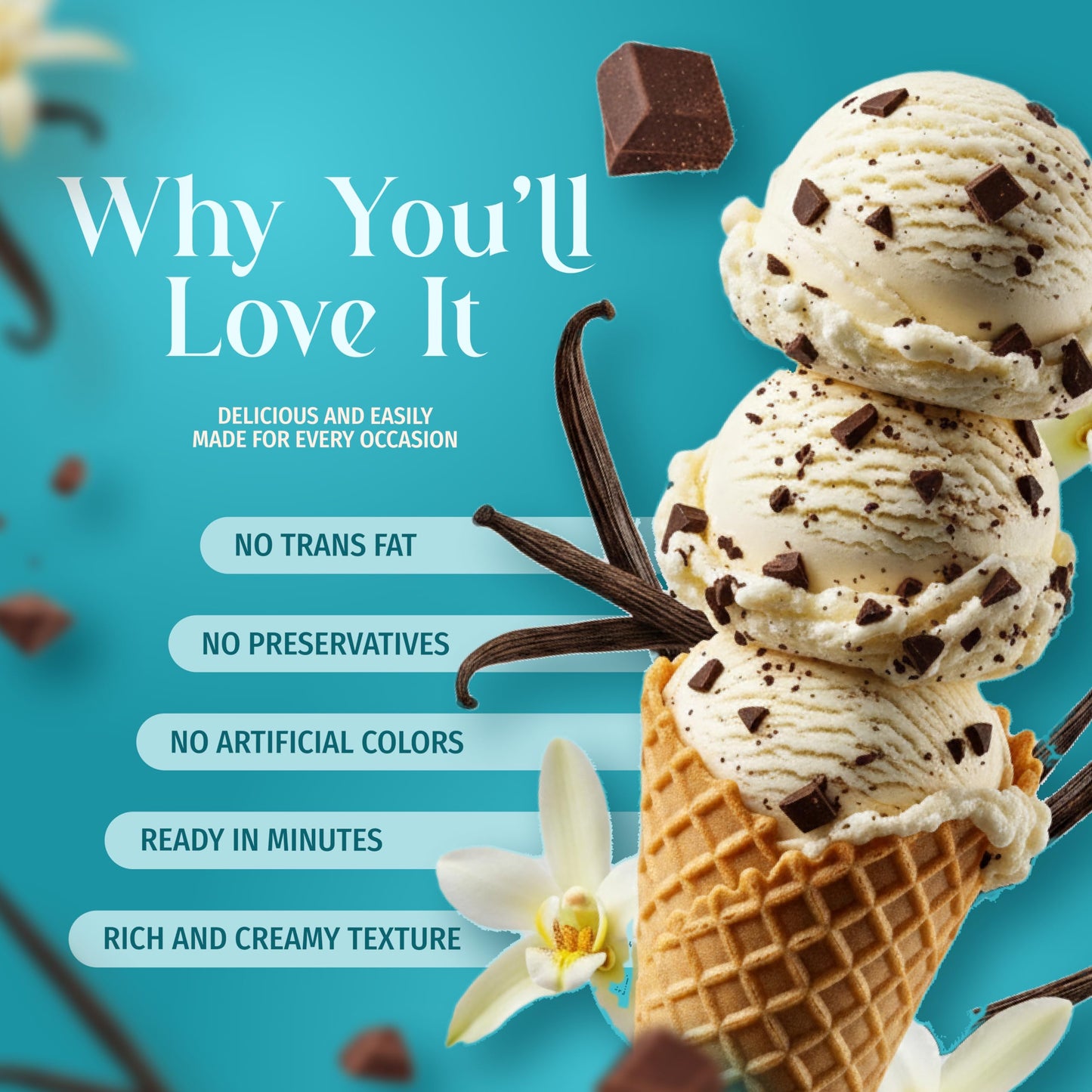 Triple Scoop Premium Vanilla Chocolate Chip Ice Cream Starter Mix, 2 Boxes (14.8 oz each), Makes 4 Quarts, Easy to Use