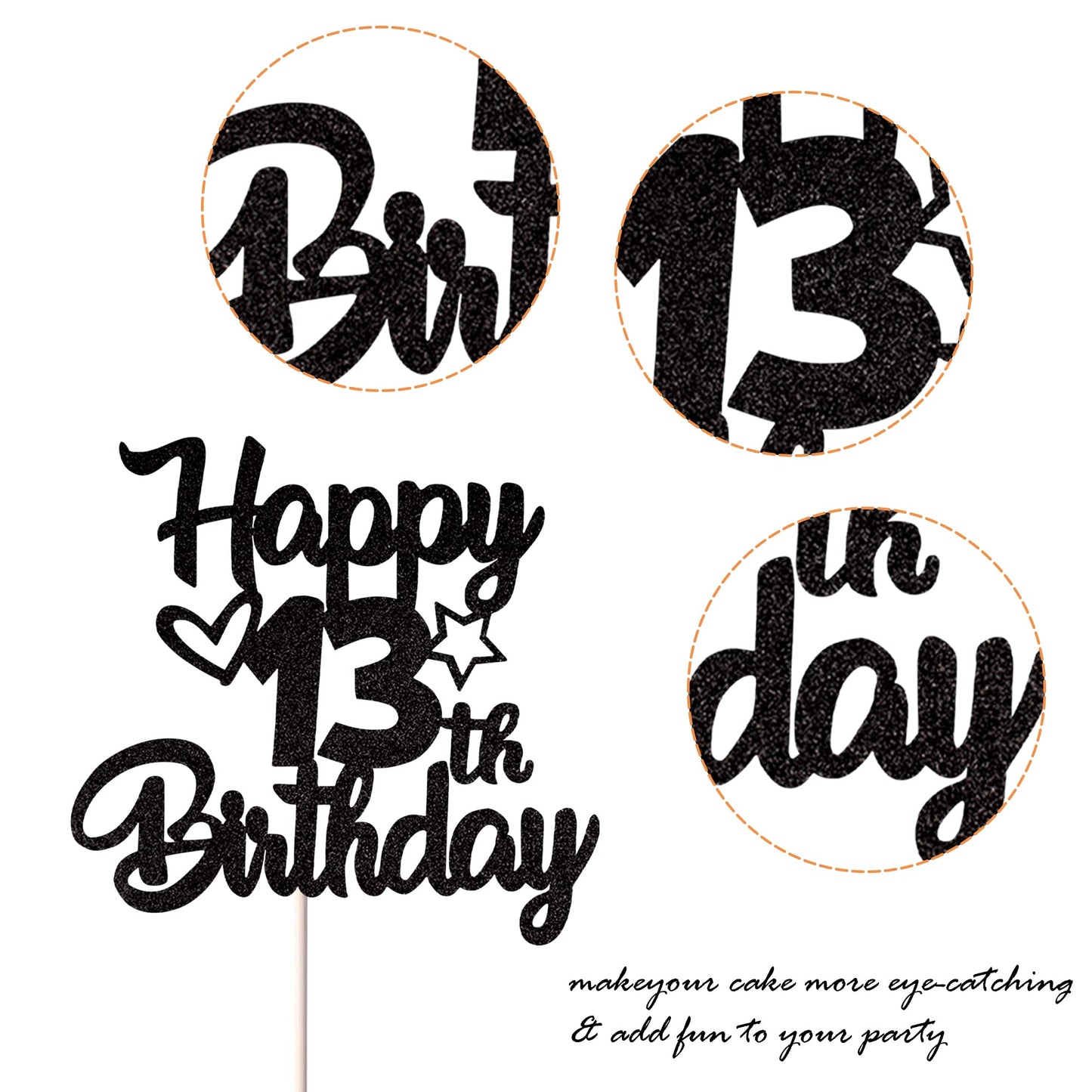 YCTHUNFISH Birthday Cake Topper Glitter Heart Star 13, Black, 1 Pack, Ideal for 13th Birthday Theme Party Decorations