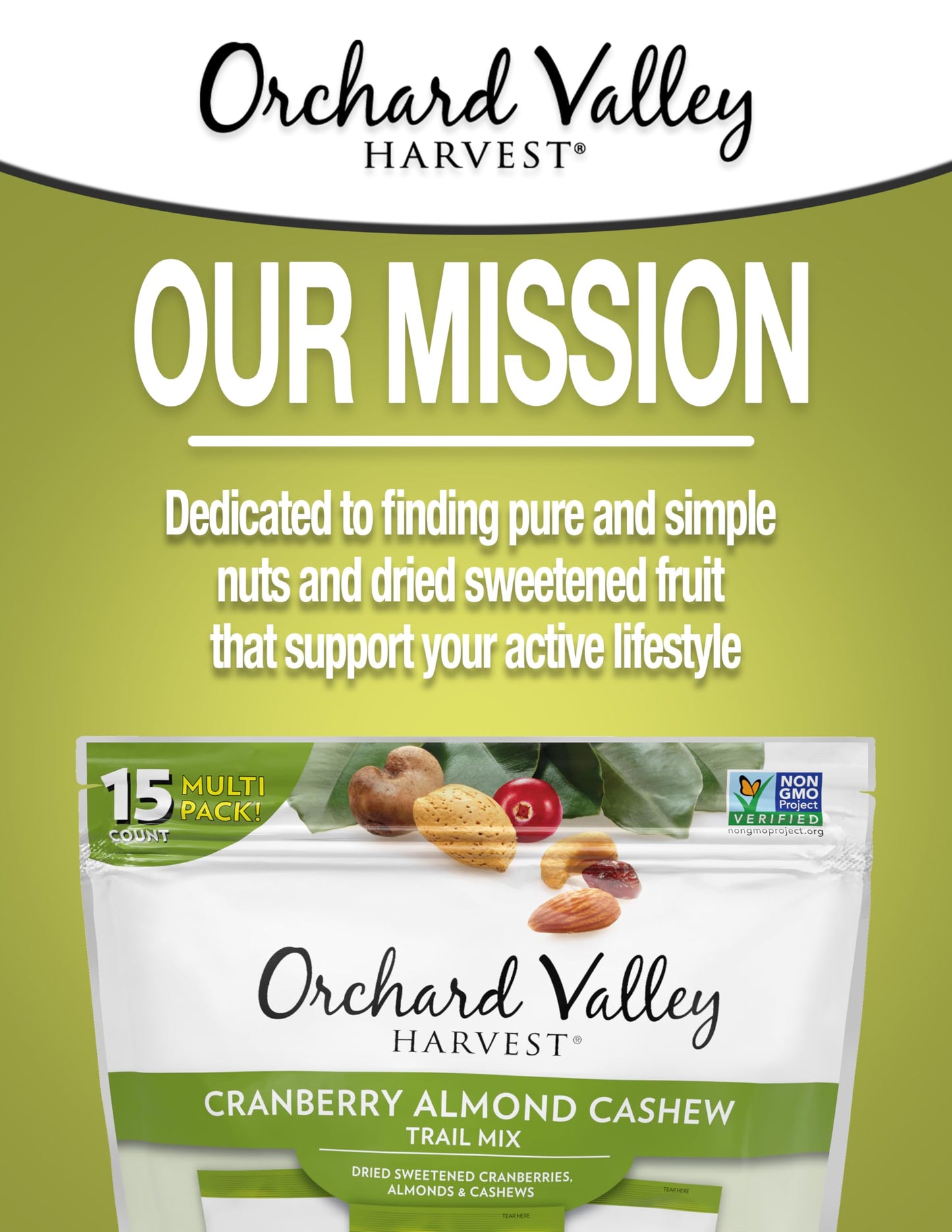 Orchard Valley Harvest Cranberry Almond Cashew Trail Mix, 1 Ounce Bags (Pack Of 15), Cranberries, Almonds, And Cashews, Non-Gmo,
