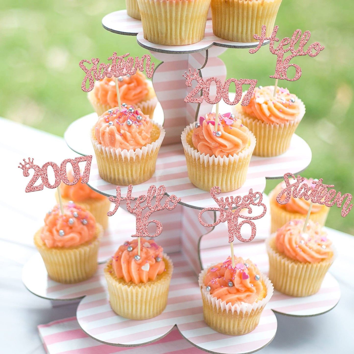 Gyufise 24 Pack Rose Gold Glitter 16Th Birthday Cupcake Toppers Hello Sweet 16 Sixteen Since 2009 Cupcake Picks For 16Th Birthday Party Cake Decorations Supplies